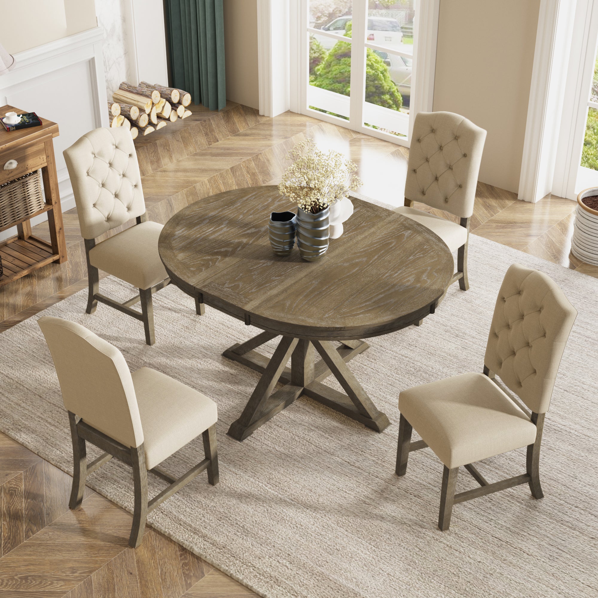 Royard Oaktree 5-Piece Dining Table Set with Extendable Table and 4 Upholstered Chairs Retro Round/Oval Dining Table Button-Tufted Dining Chairs for Dining Room Living Room