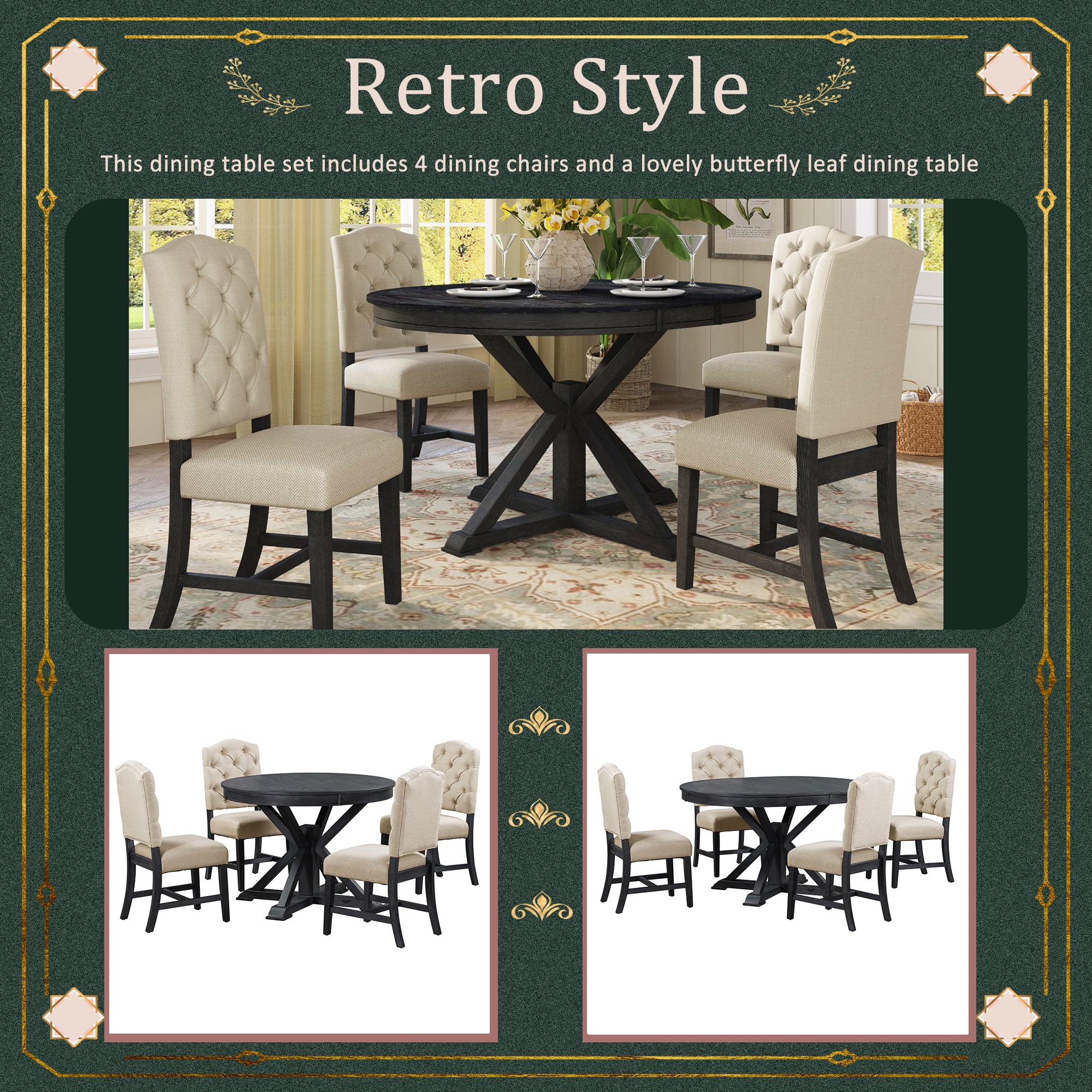 Royard Oaktree 5-Piece Dining Table Set with Extendable Table and 4 Upholstered Chairs Retro Round/Oval Dining Table Button-Tufted Dining Chairs for Dining Room Living Room