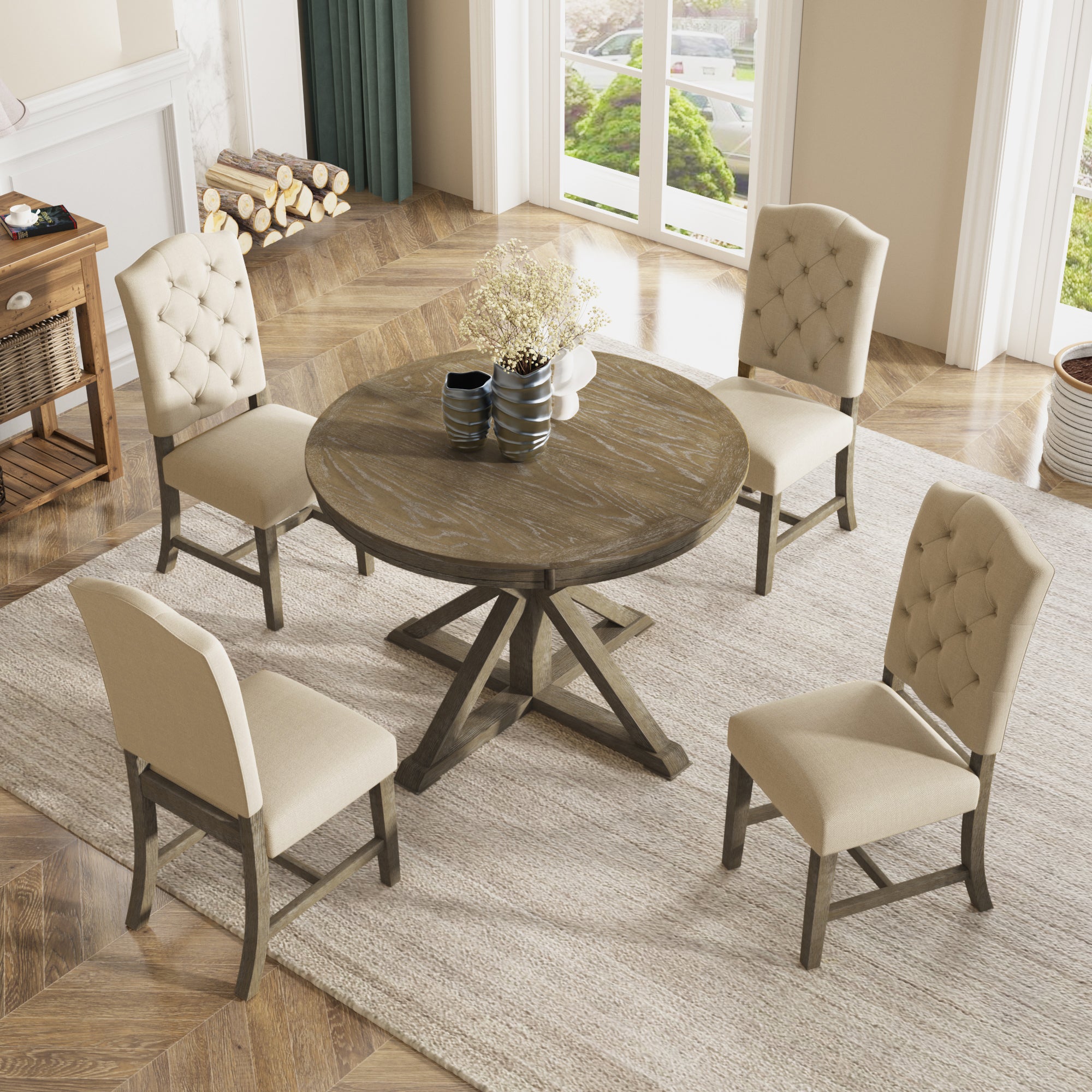 Royard Oaktree 5-Piece Dining Table Set with Extendable Table and 4 Upholstered Chairs Retro Round/Oval Dining Table Button-Tufted Dining Chairs for Dining Room Living Room