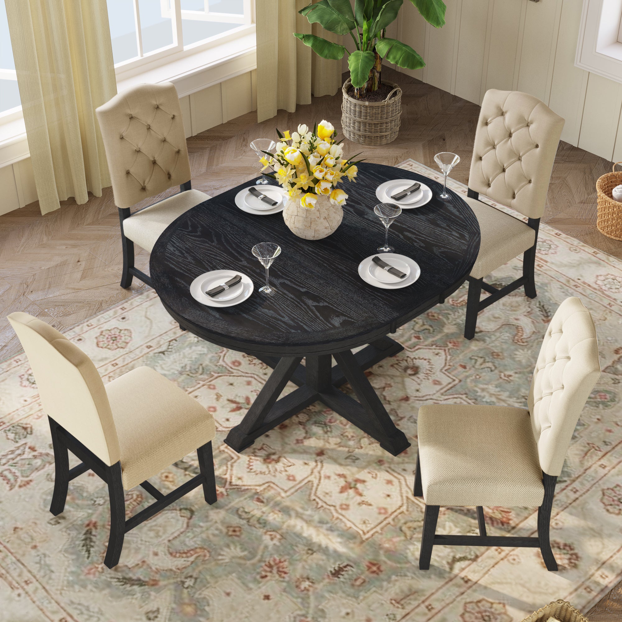 Royard Oaktree 5-Piece Dining Table Set with Extendable Table and 4 Upholstered Chairs Retro Round/Oval Dining Table Button-Tufted Dining Chairs for Dining Room Living Room