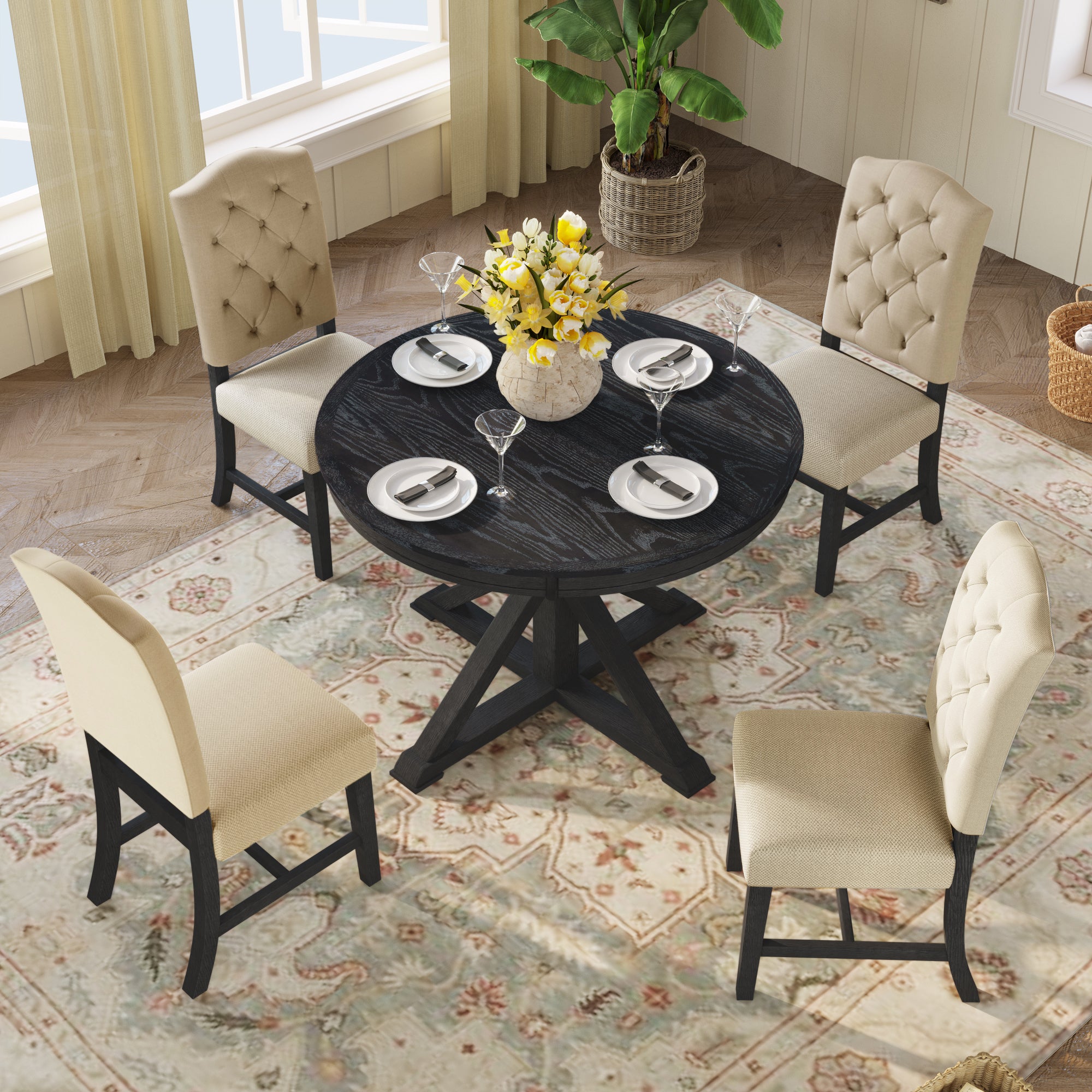 Royard Oaktree 5-Piece Dining Table Set with Extendable Table and 4 Upholstered Chairs Retro Round/Oval Dining Table Button-Tufted Dining Chairs for Dining Room Living Room