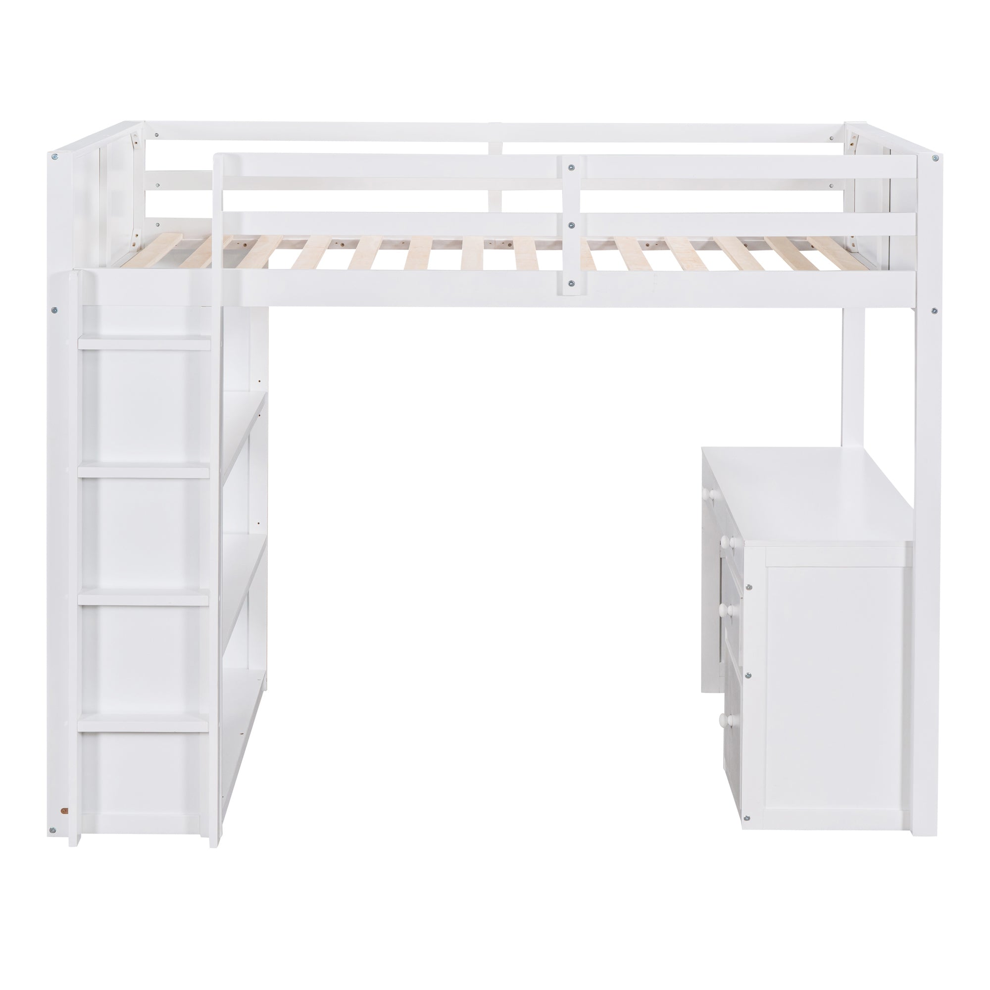 Royard Oaktree Twin Size Loft Bed Set with Built-in Desk and Shelves Drawers Wood Loft Bed Frame with Guardrail and Ladder, White