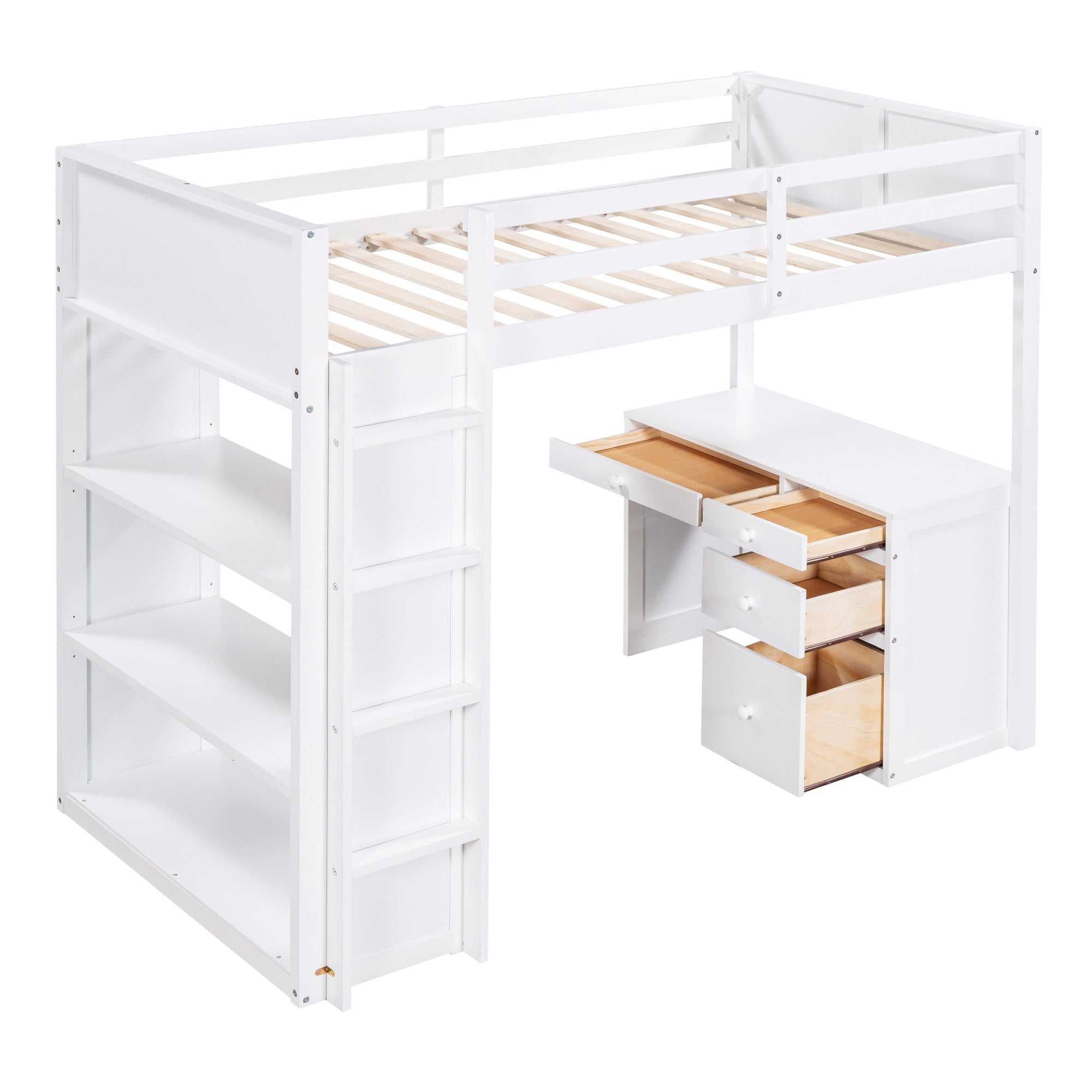 Royard Oaktree Twin Size Loft Bed Set with Built-in Desk and Shelves Drawers Wood Loft Bed Frame with Guardrail and Ladder, White