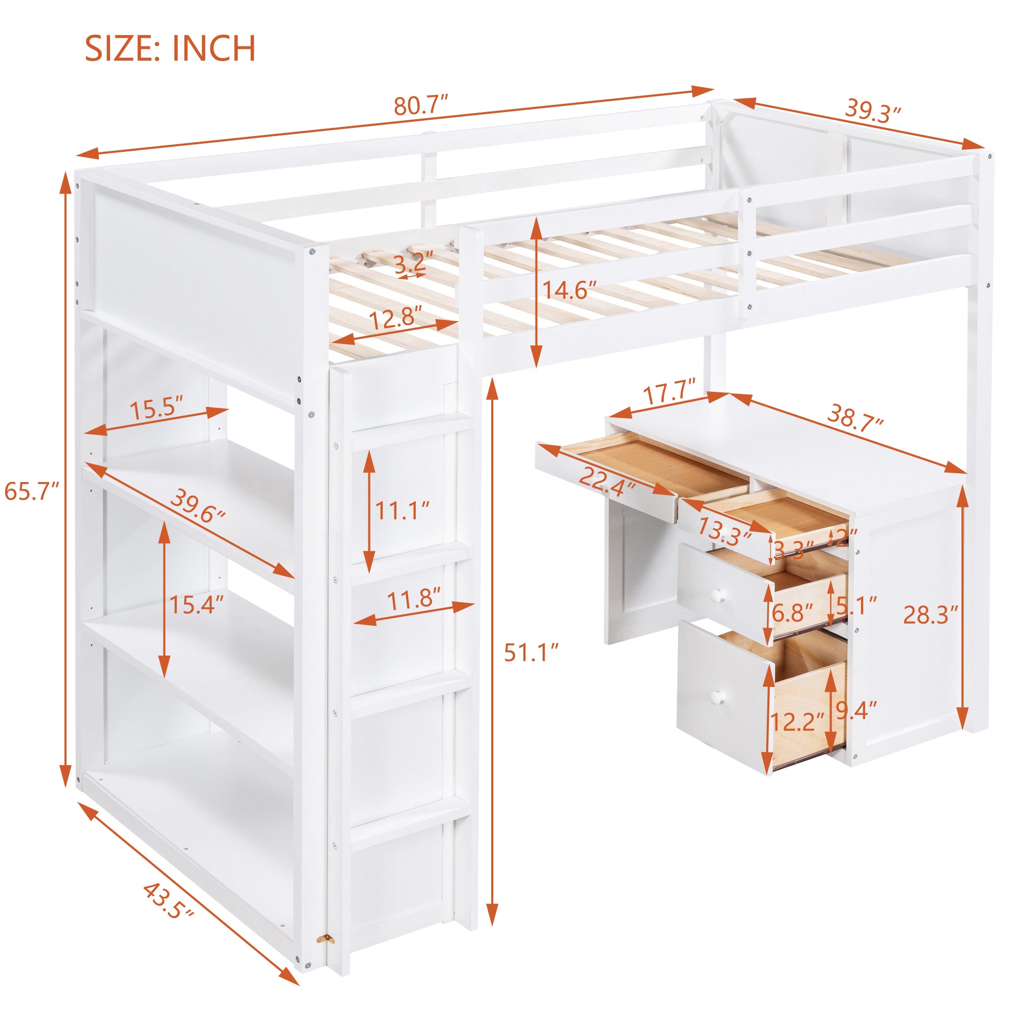 Royard Oaktree Twin Size Loft Bed Set with Built-in Desk and Shelves Drawers Wood Loft Bed Frame with Guardrail and Ladder, White