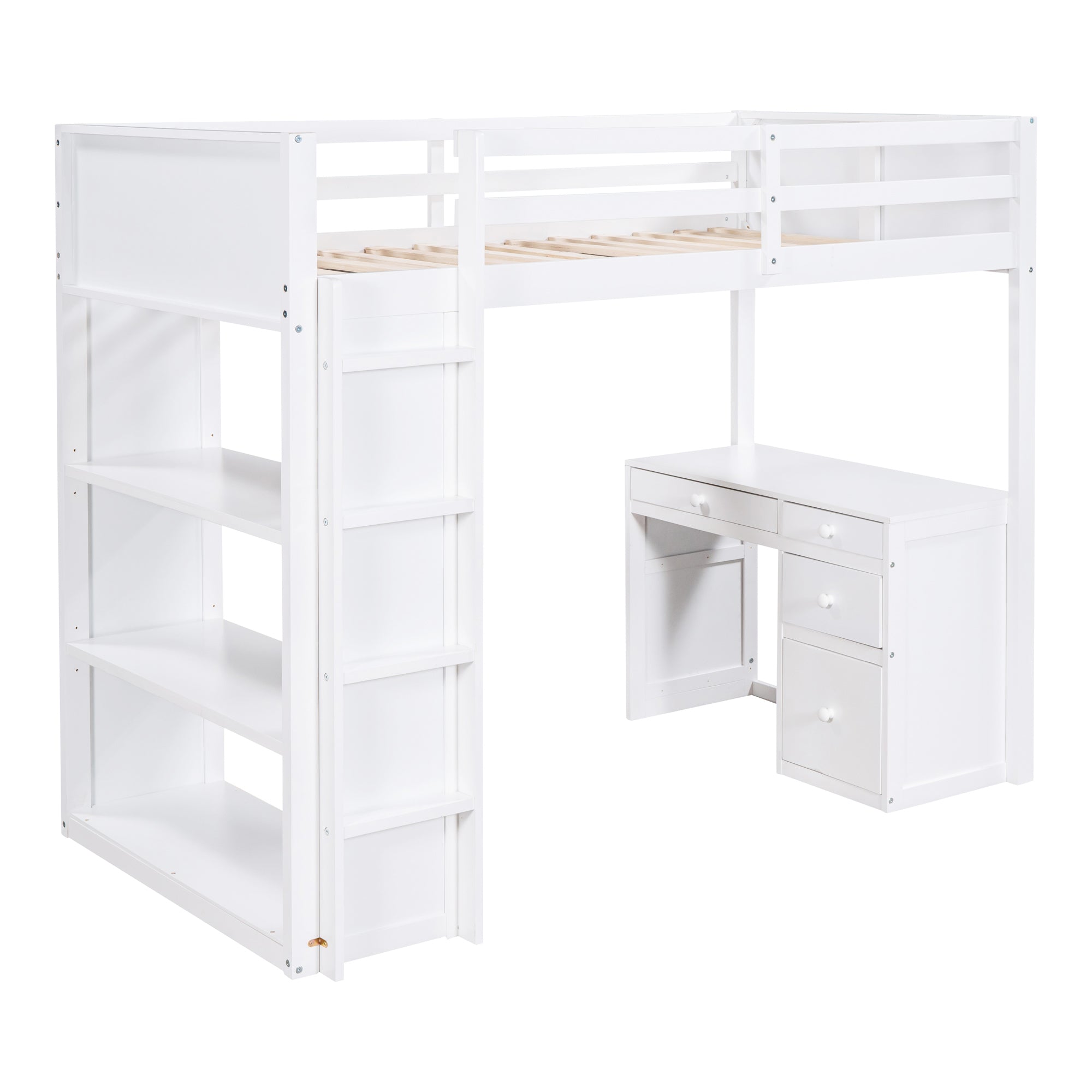 Royard Oaktree Twin Size Loft Bed Set with Built-in Desk and Shelves Drawers Wood Loft Bed Frame with Guardrail and Ladder, White