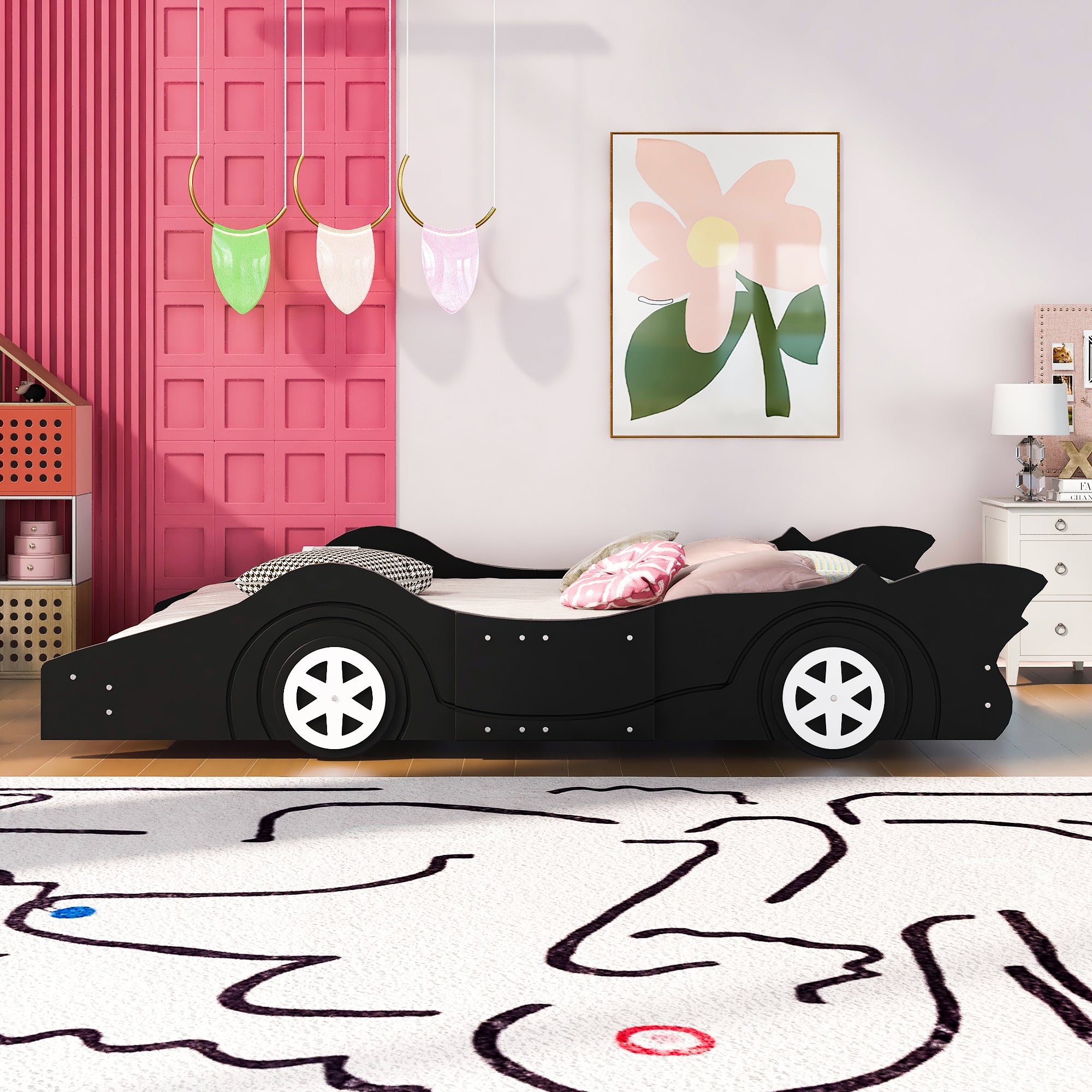 Royard Oaktree Race Car-Shaped Platform Bed with Wheels, Solid Wood Bedframe with Guardrails for Kids Boys Girls, Noise Free, No Box Spring Needed