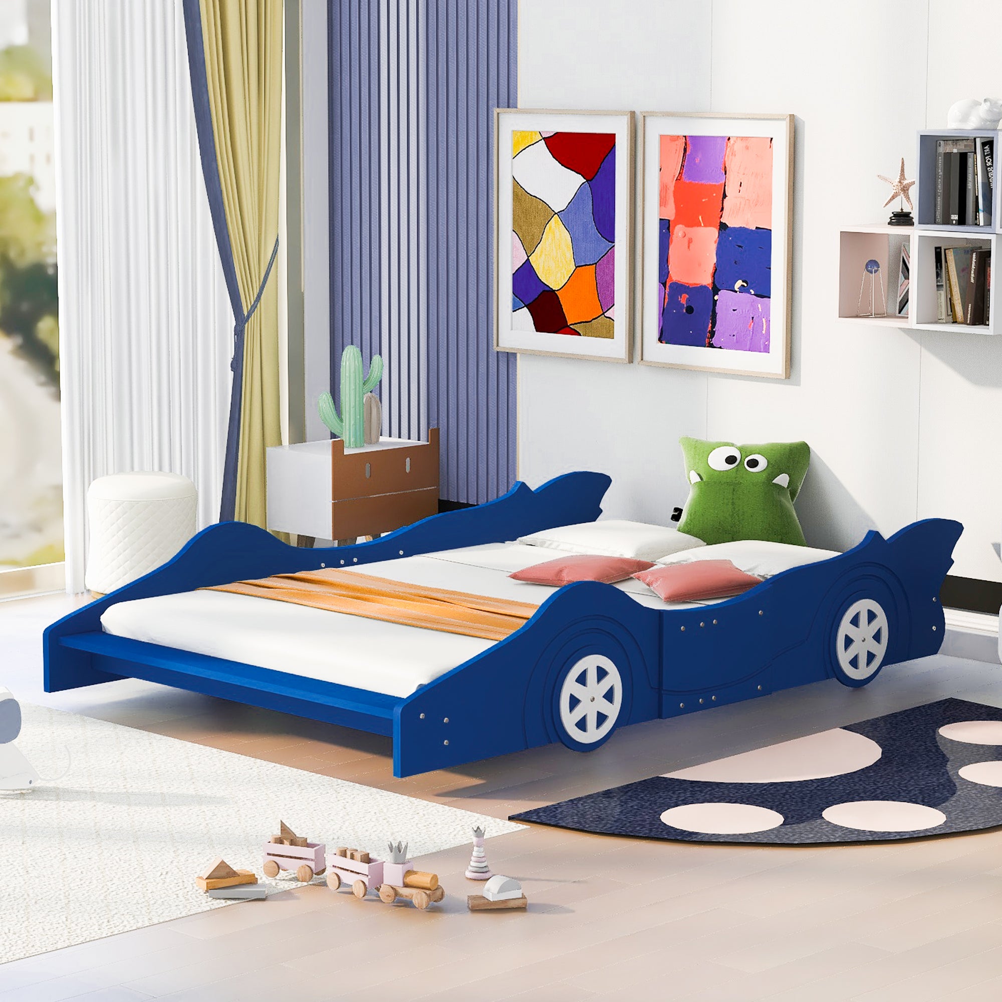 Royard Oaktree Race Car-Shaped Platform Bed with Wheels, Solid Wood Bedframe with Guardrails for Kids Boys Girls, Noise Free, No Box Spring Needed