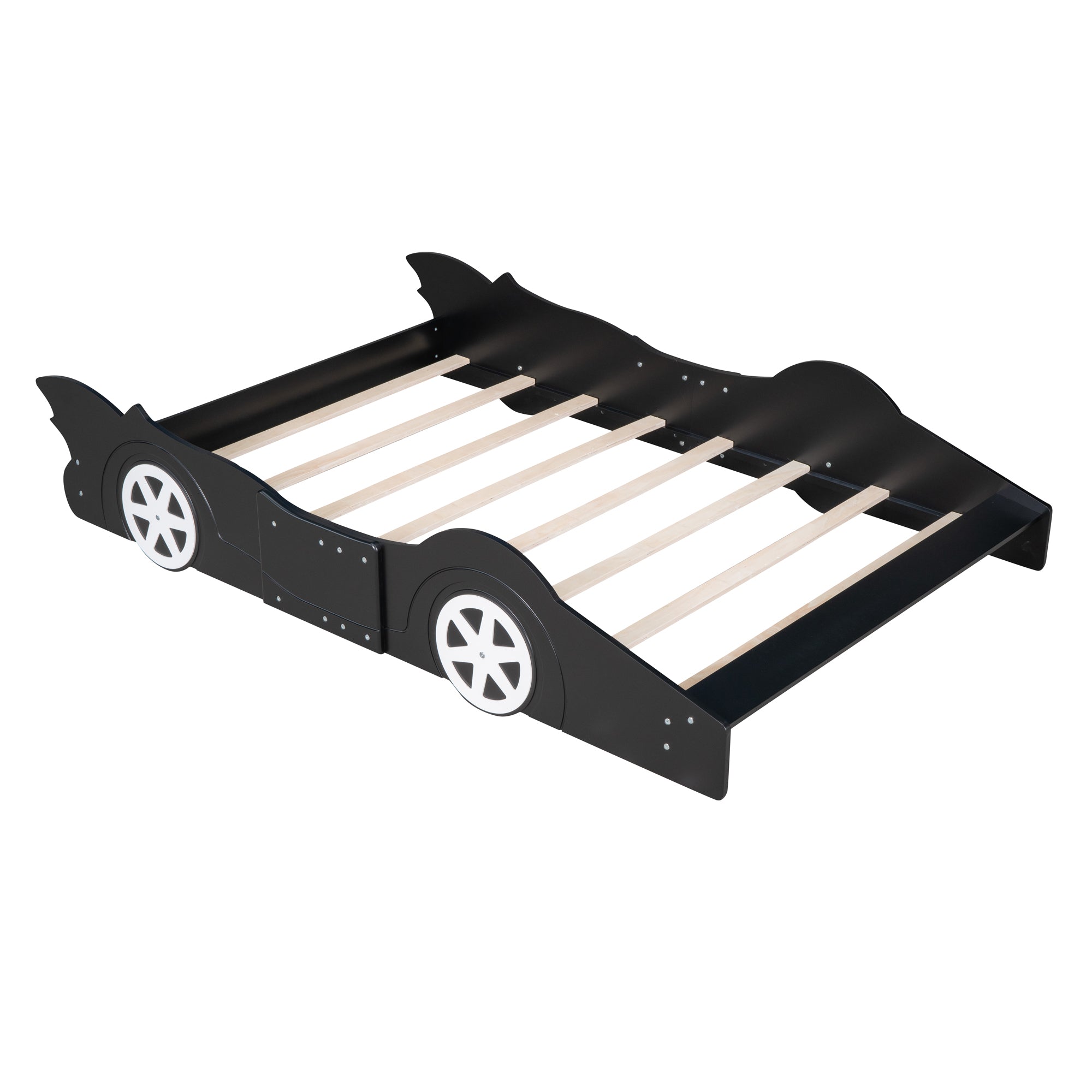 Royard Oaktree Race Car-Shaped Platform Bed with Wheels, Solid Wood Bedframe with Guardrails for Kids Boys Girls, Noise Free, No Box Spring Needed