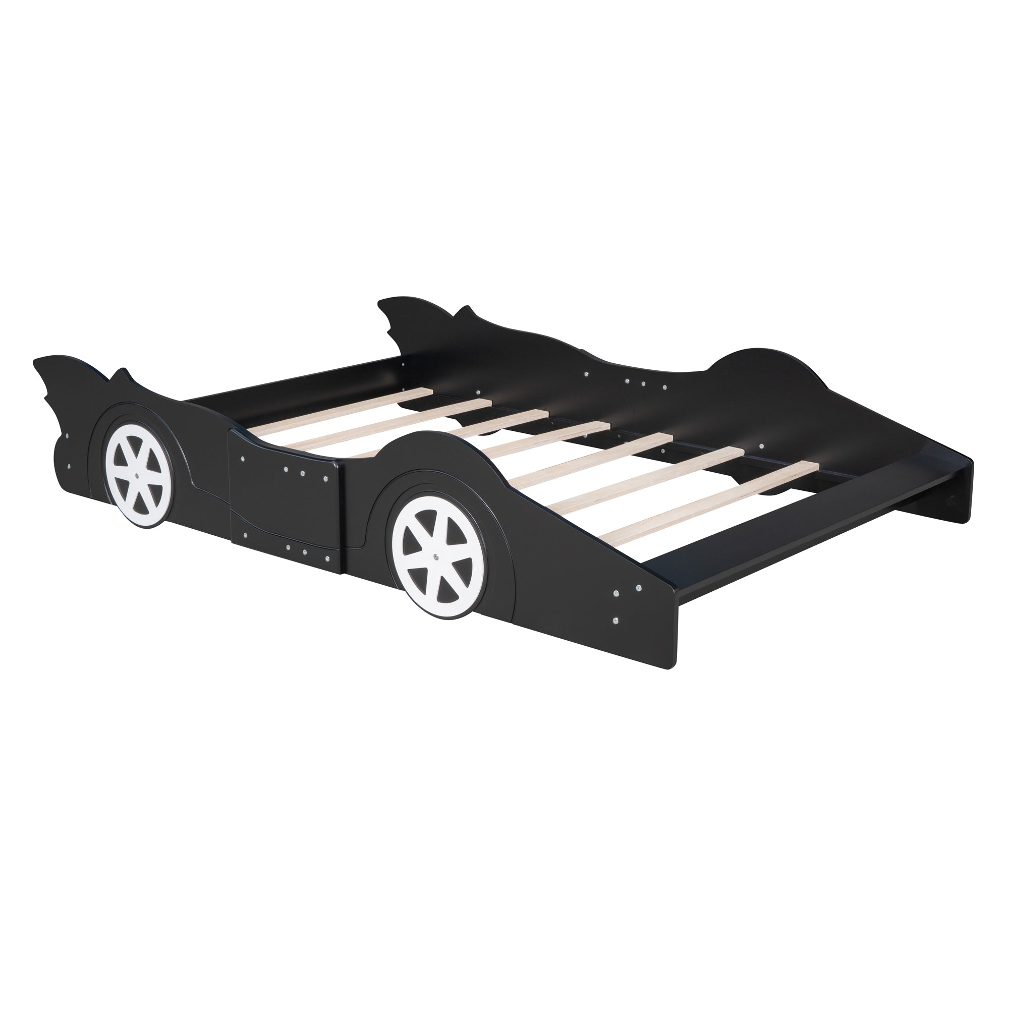 Royard Oaktree Race Car-Shaped Platform Bed with Wheels, Solid Wood Bedframe with Guardrails for Kids Boys Girls, Noise Free, No Box Spring Needed