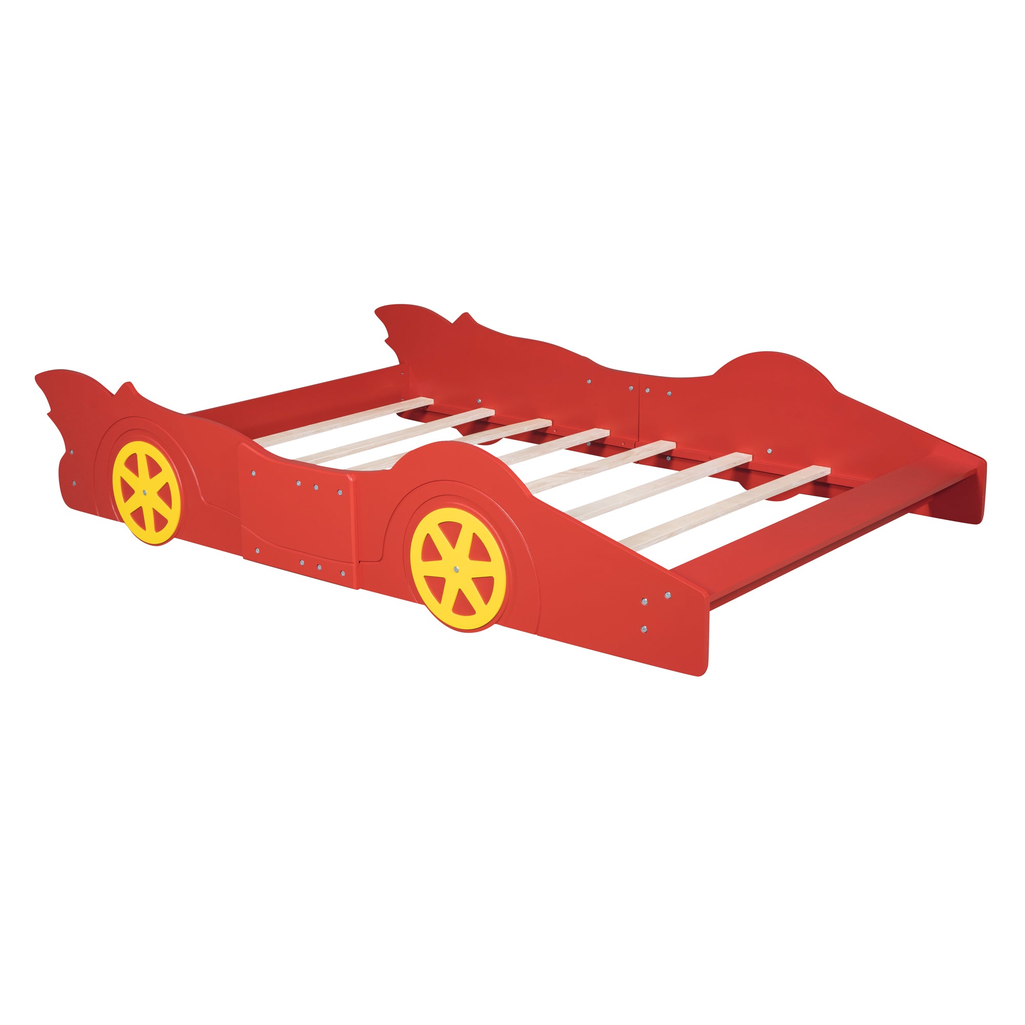 Royard Oaktree Race Car-Shaped Platform Bed with Wheels, Solid Wood Bedframe with Guardrails for Kids Boys Girls, Noise Free, No Box Spring Needed