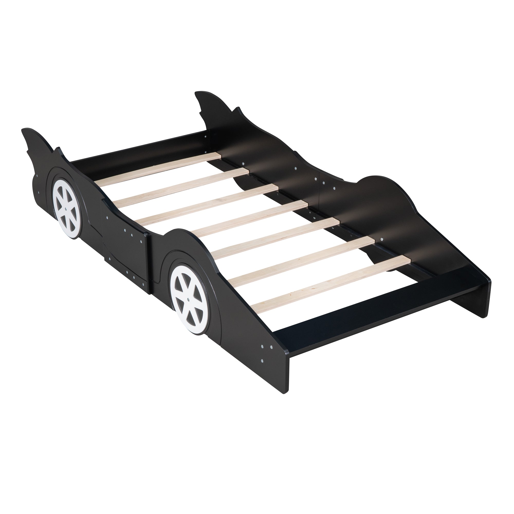 Royard Oaktree Race Car-Shaped Platform Bed with Wheels, Solid Wood Bedframe with Guardrails for Kids Boys Girls, Noise Free, No Box Spring Needed