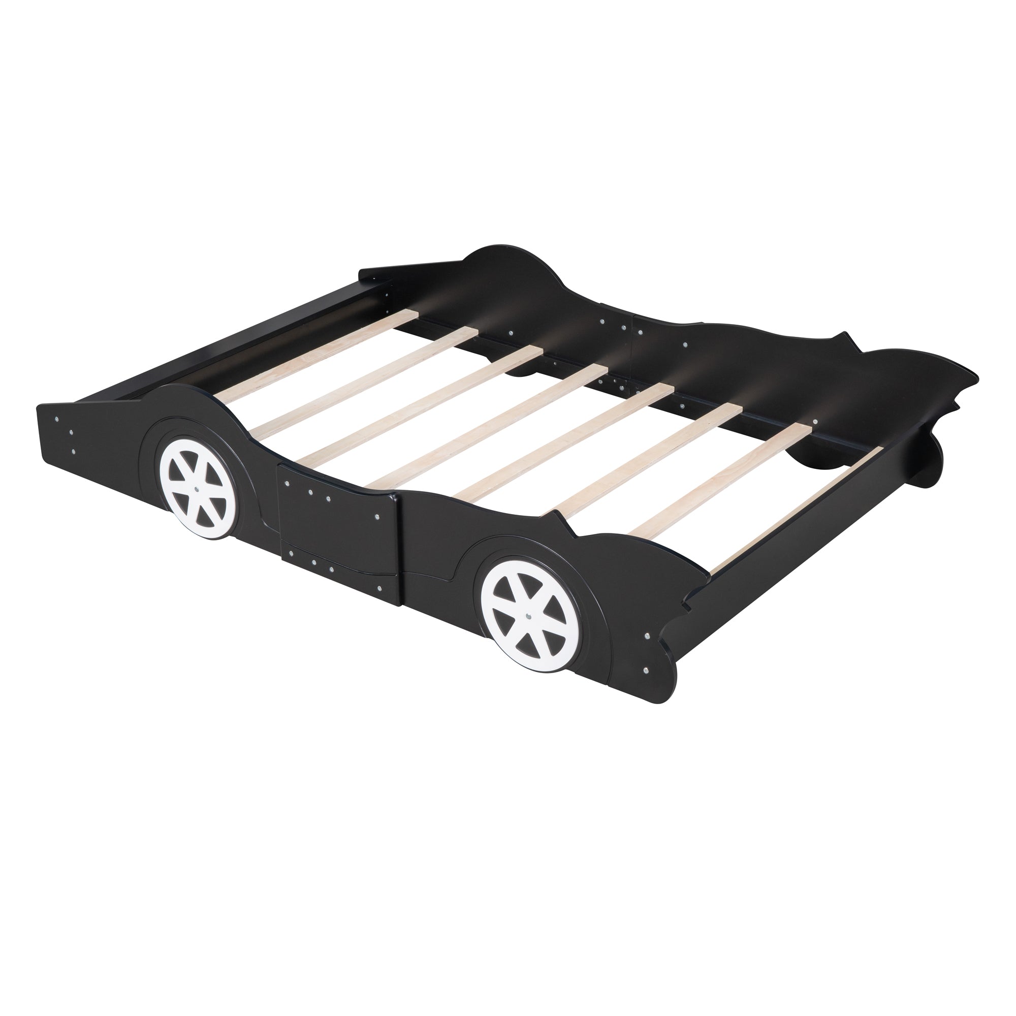 Royard Oaktree Race Car-Shaped Platform Bed with Wheels, Solid Wood Bedframe with Guardrails for Kids Boys Girls, Noise Free, No Box Spring Needed