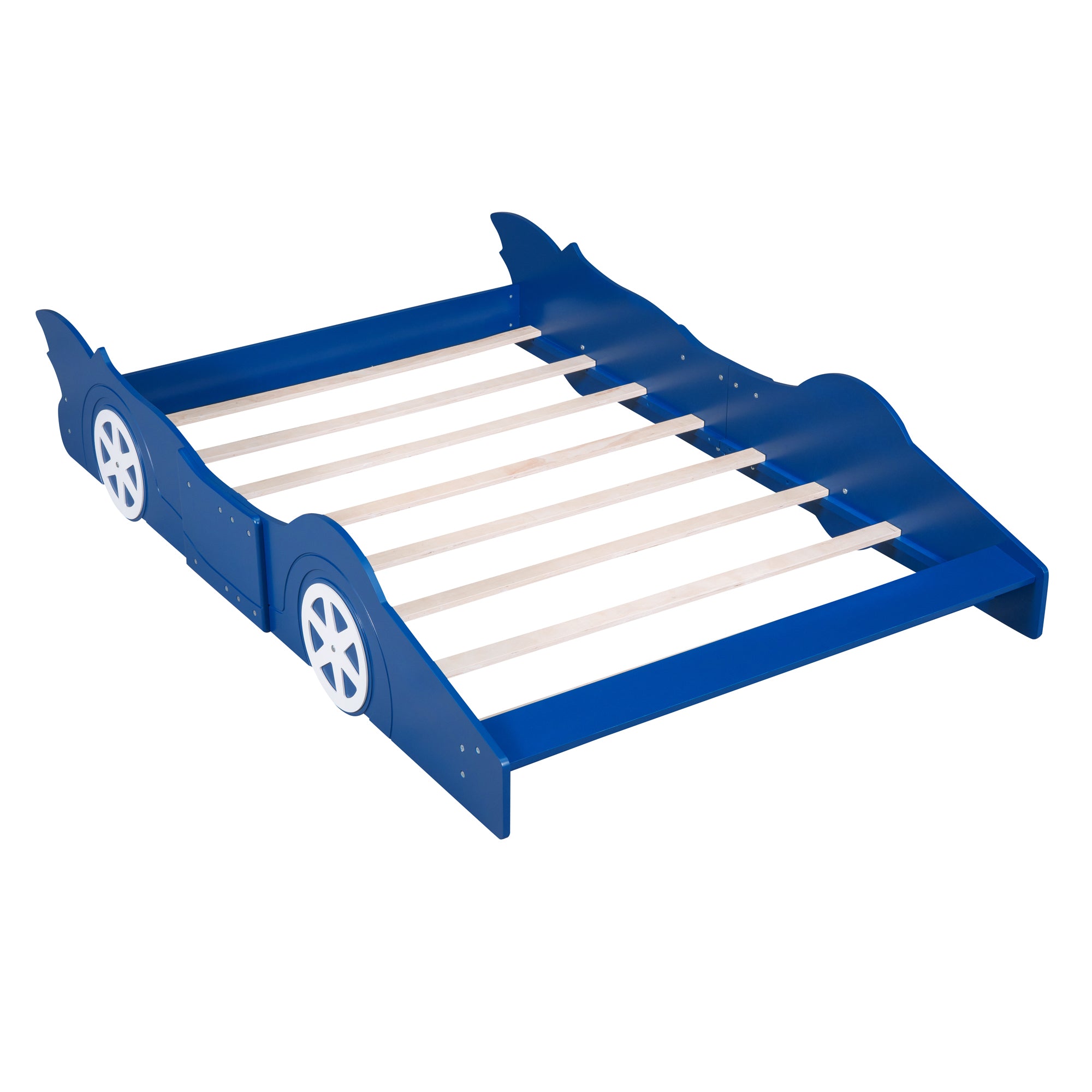 Royard Oaktree Race Car-Shaped Platform Bed with Wheels, Solid Wood Bedframe with Guardrails for Kids Boys Girls, Noise Free, No Box Spring Needed