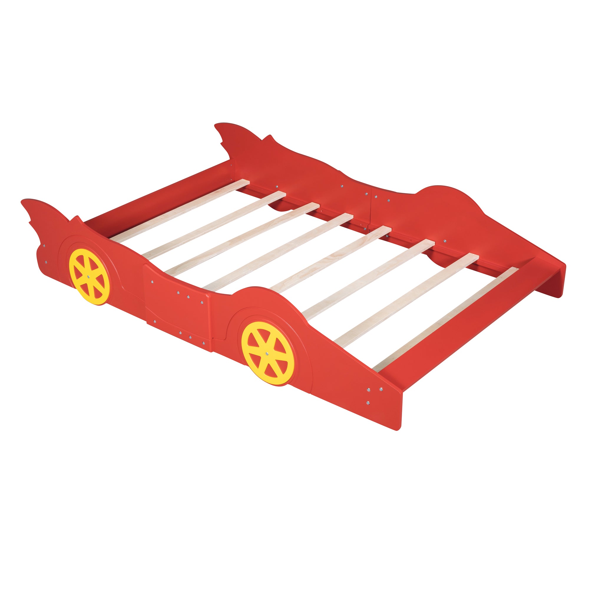 Royard Oaktree Race Car-Shaped Platform Bed with Wheels, Solid Wood Bedframe with Guardrails for Kids Boys Girls, Noise Free, No Box Spring Needed