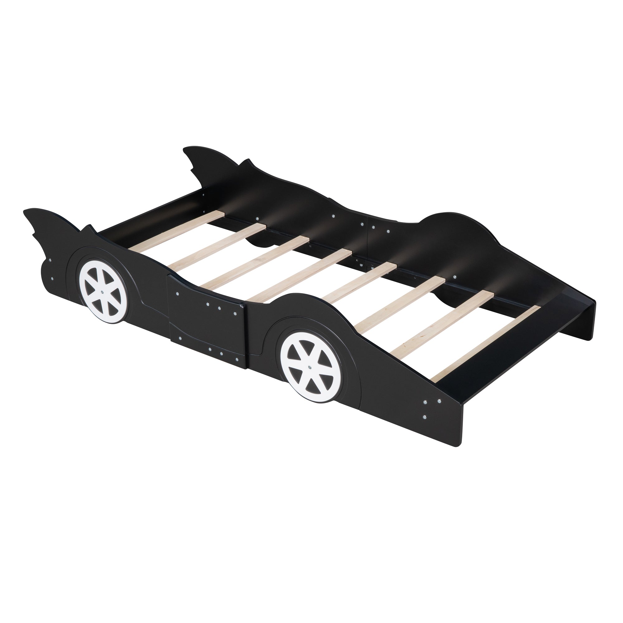 Royard Oaktree Race Car-Shaped Platform Bed with Wheels, Solid Wood Bedframe with Guardrails for Kids Boys Girls, Noise Free, No Box Spring Needed