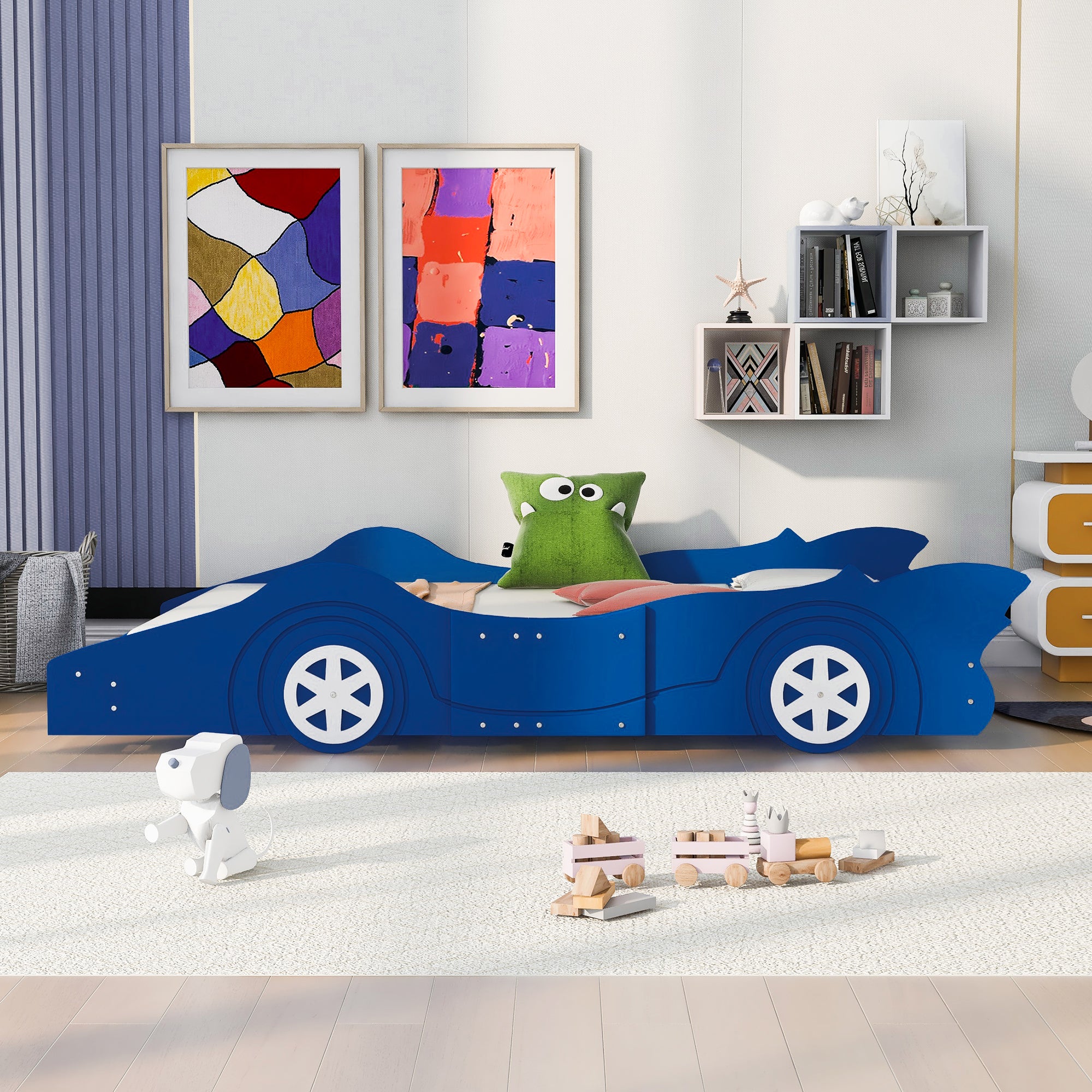 Royard Oaktree Race Car-Shaped Platform Bed with Wheels, Solid Wood Bedframe with Guardrails for Kids Boys Girls, Noise Free, No Box Spring Needed