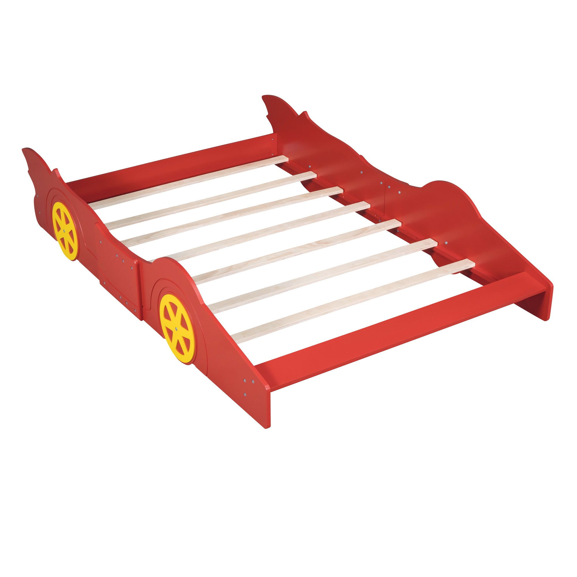 Royard Oaktree Race Car-Shaped Platform Bed with Wheels, Solid Wood Bedframe with Guardrails for Kids Boys Girls, Noise Free, No Box Spring Needed