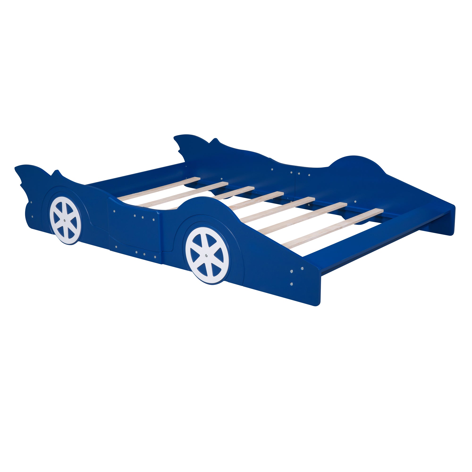 Royard Oaktree Race Car-Shaped Platform Bed with Wheels, Solid Wood Bedframe with Guardrails for Kids Boys Girls, Noise Free, No Box Spring Needed