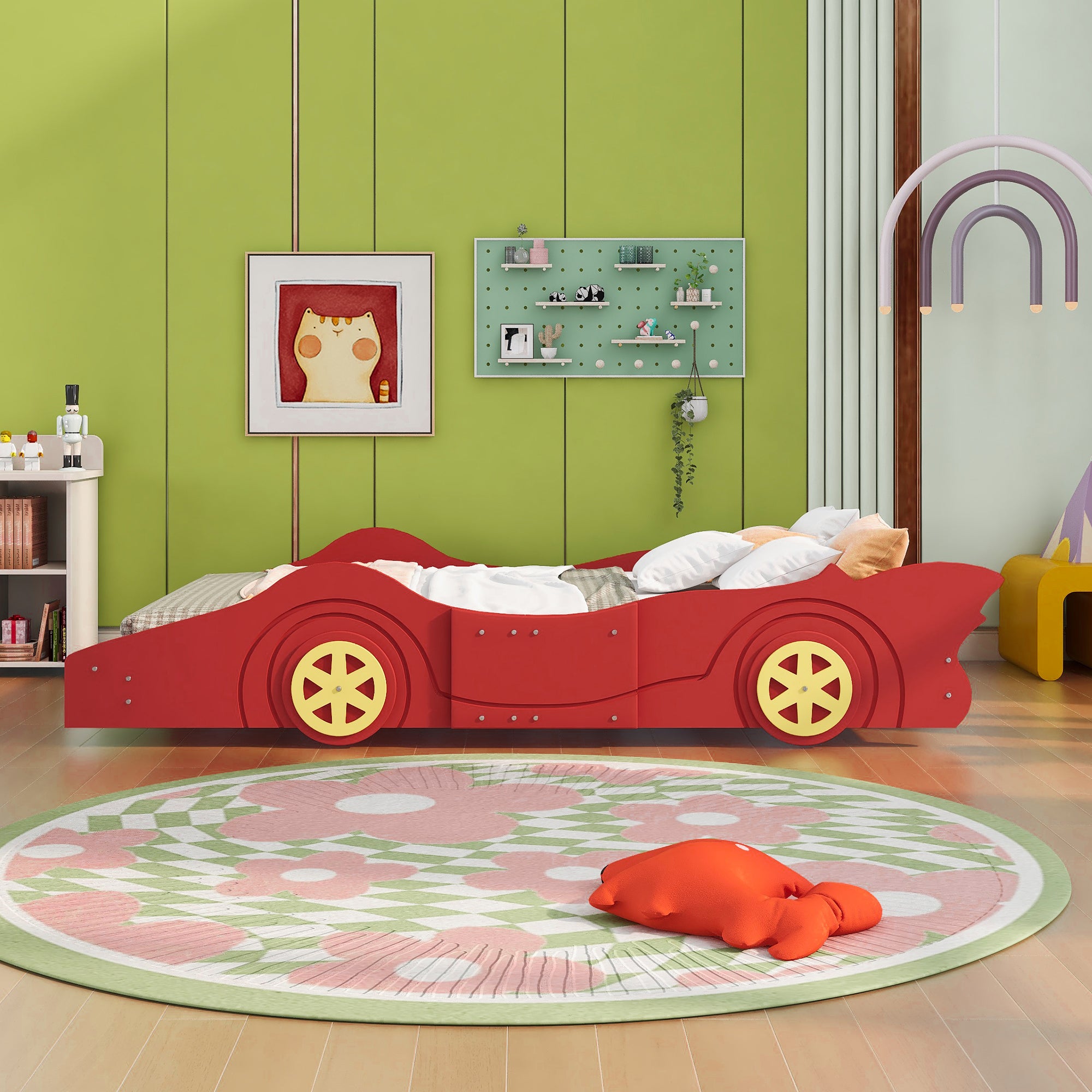 Royard Oaktree Race Car-Shaped Platform Bed with Wheels, Solid Wood Bedframe with Guardrails for Kids Boys Girls, Noise Free, No Box Spring Needed