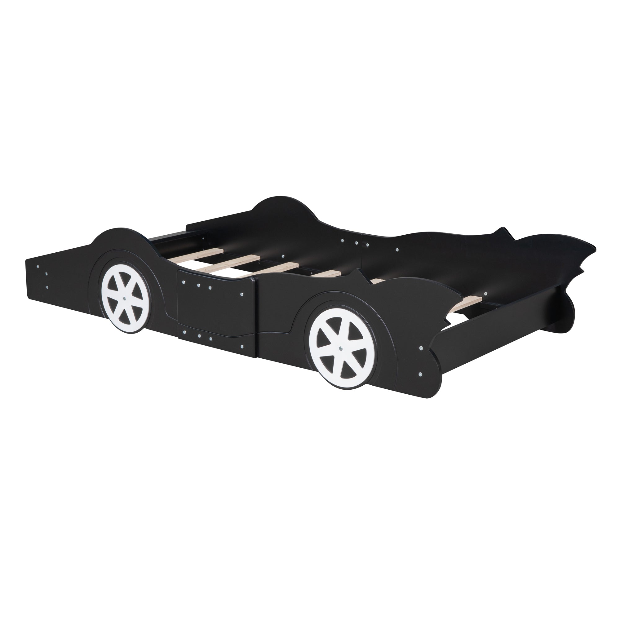 Royard Oaktree Race Car-Shaped Platform Bed with Wheels, Solid Wood Bedframe with Guardrails for Kids Boys Girls, Noise Free, No Box Spring Needed