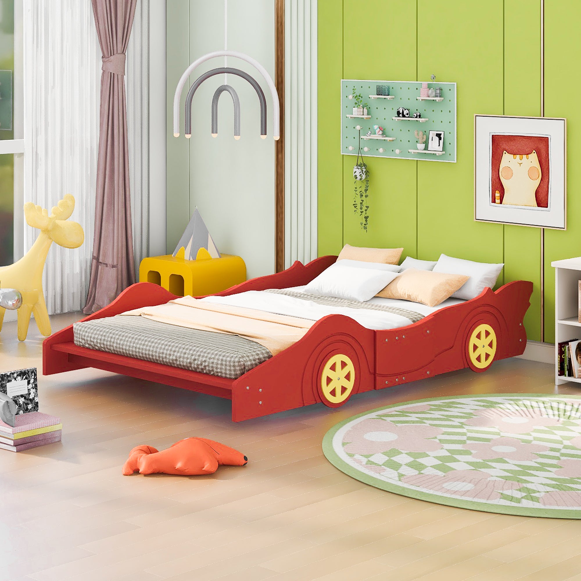 Royard Oaktree Race Car-Shaped Platform Bed with Wheels, Solid Wood Bedframe with Guardrails for Kids Boys Girls, Noise Free, No Box Spring Needed