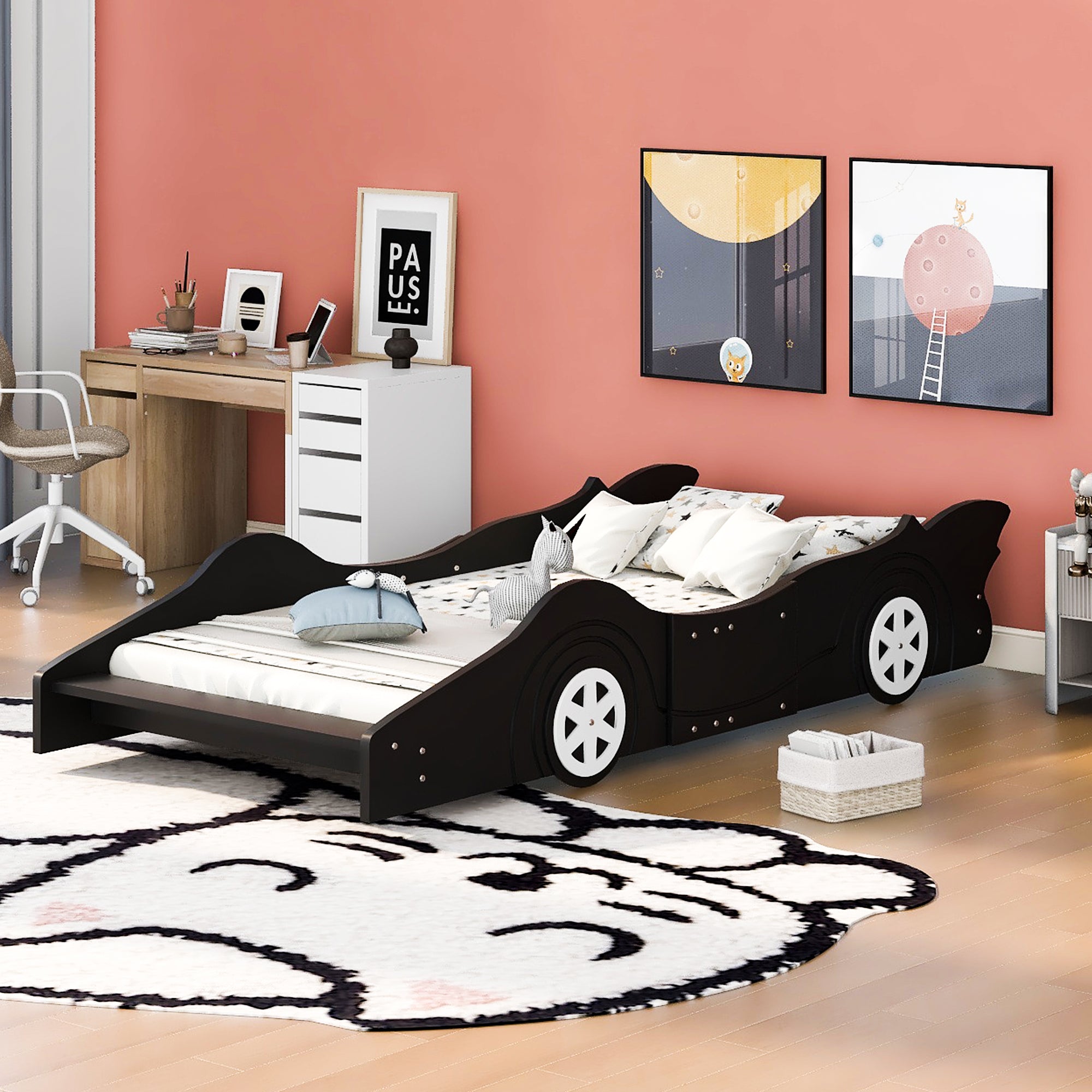 Royard Oaktree Race Car-Shaped Platform Bed with Wheels, Solid Wood Bedframe with Guardrails for Kids Boys Girls, Noise Free, No Box Spring Needed