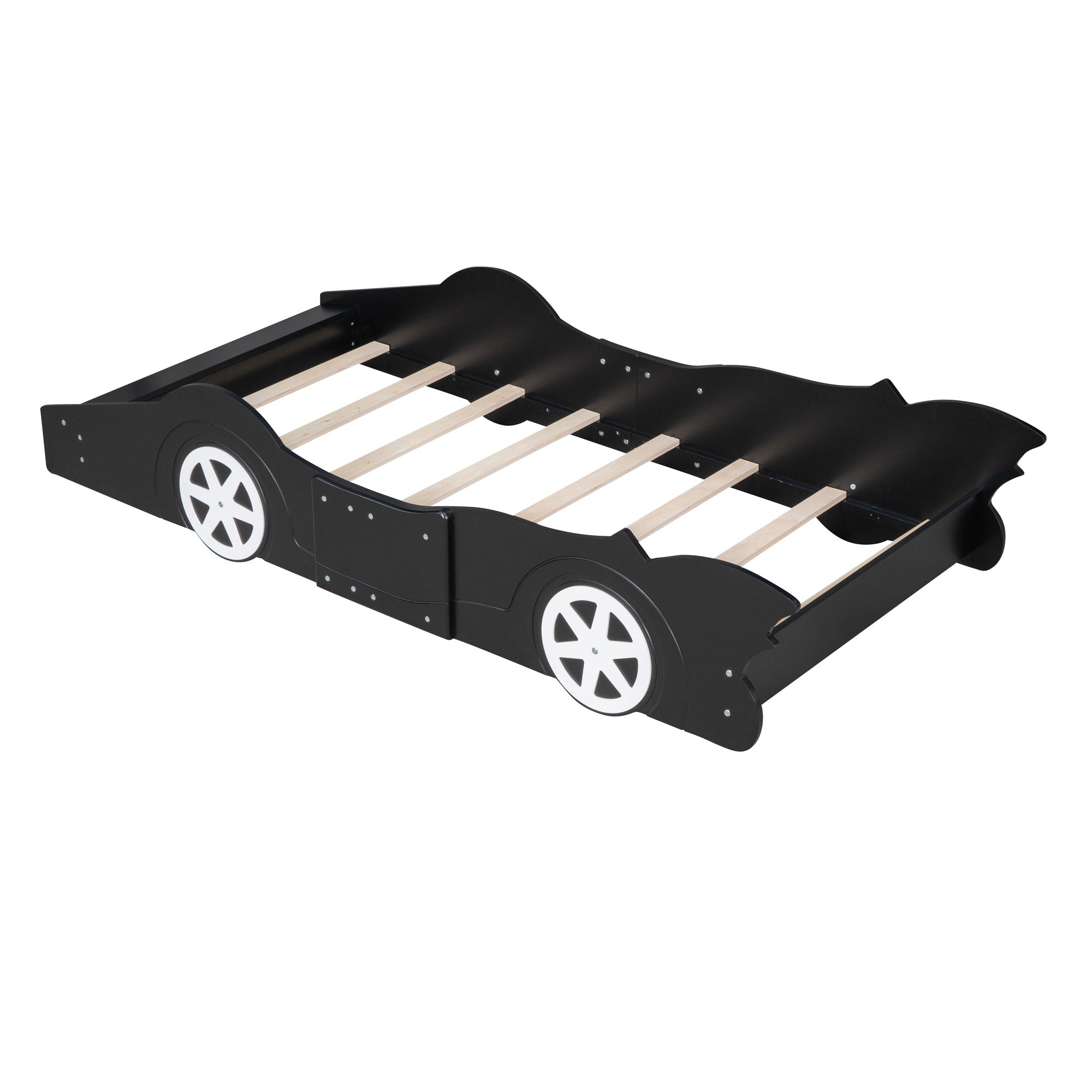 Royard Oaktree Race Car-Shaped Platform Bed with Wheels, Solid Wood Bedframe with Guardrails for Kids Boys Girls, Noise Free, No Box Spring Needed