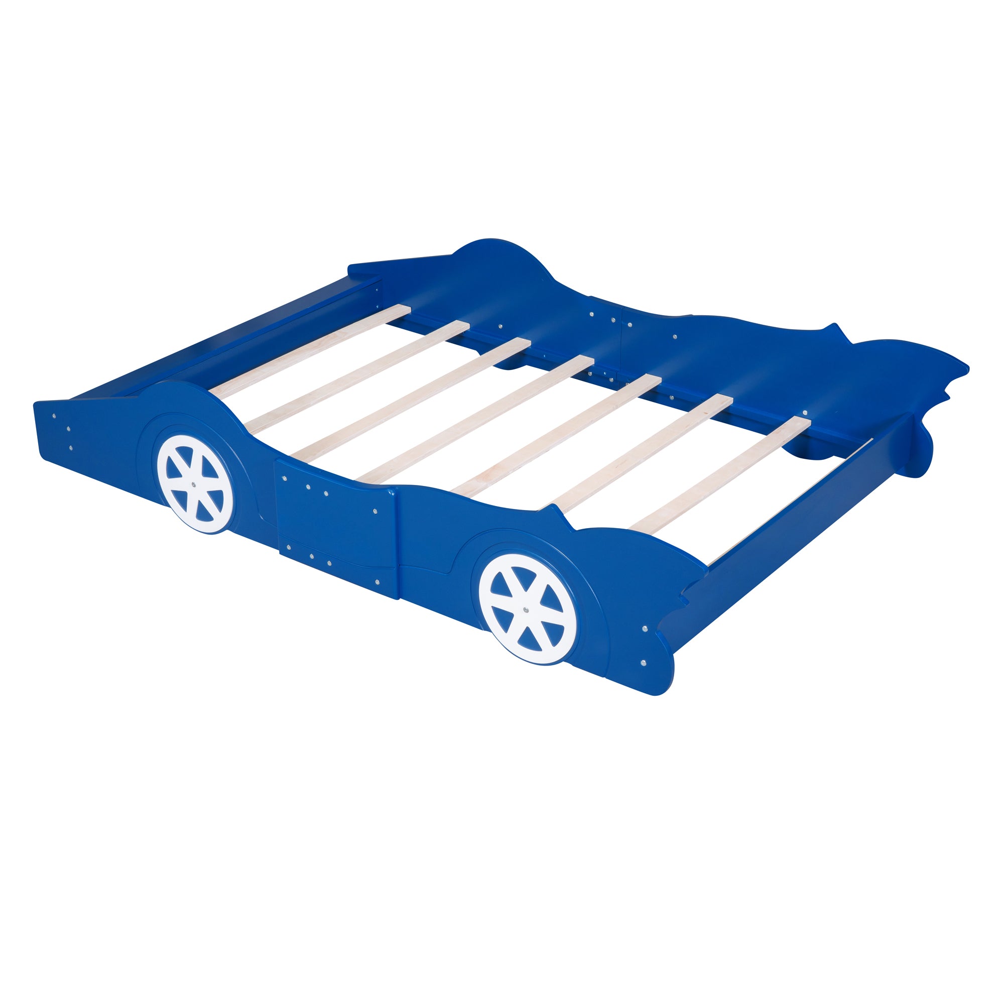 Royard Oaktree Race Car-Shaped Platform Bed with Wheels, Solid Wood Bedframe with Guardrails for Kids Boys Girls, Noise Free, No Box Spring Needed