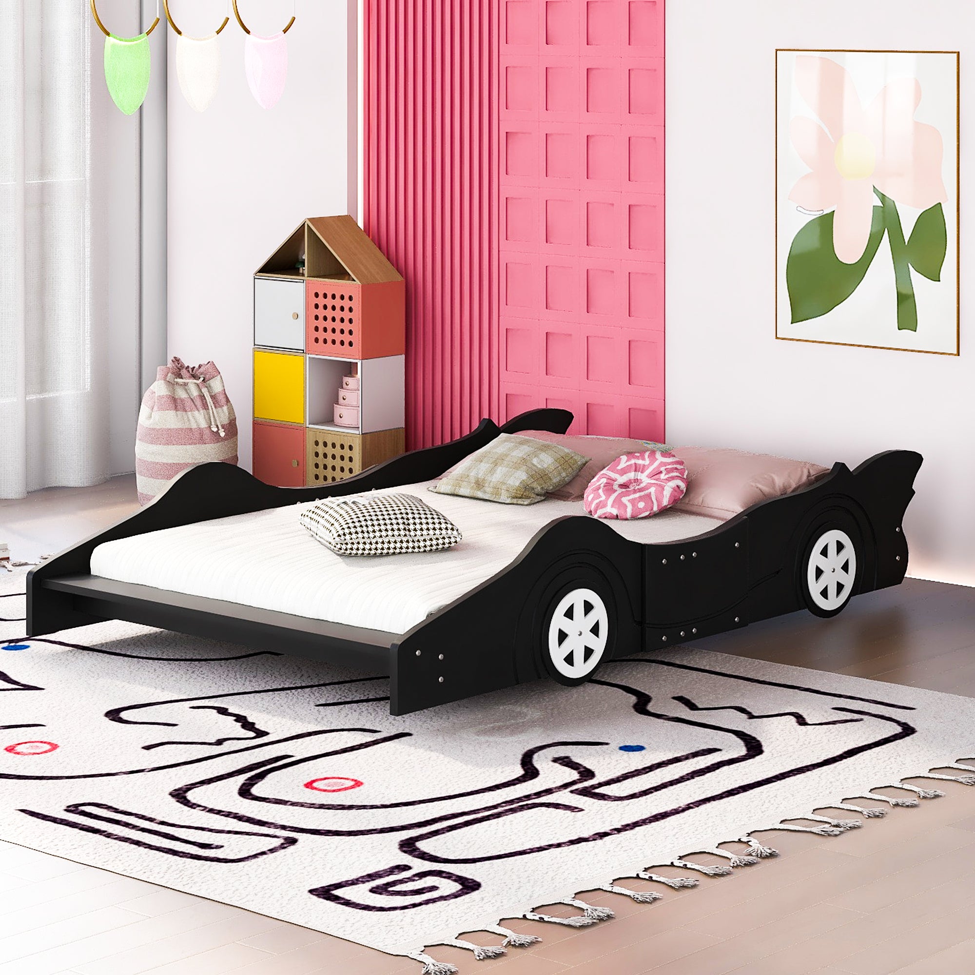 Royard Oaktree Race Car-Shaped Platform Bed with Wheels, Solid Wood Bedframe with Guardrails for Kids Boys Girls, Noise Free, No Box Spring Needed