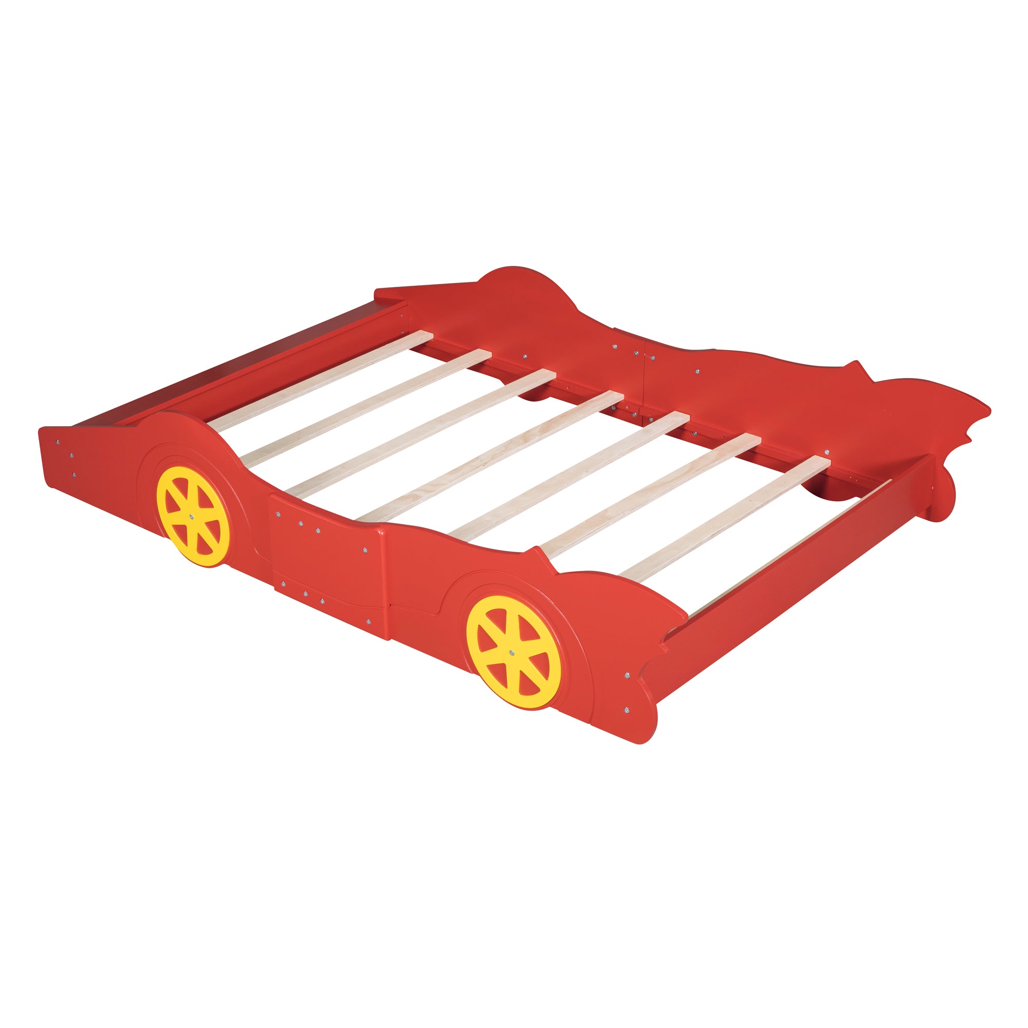 Royard Oaktree Race Car-Shaped Platform Bed with Wheels, Solid Wood Bedframe with Guardrails for Kids Boys Girls, Noise Free, No Box Spring Needed