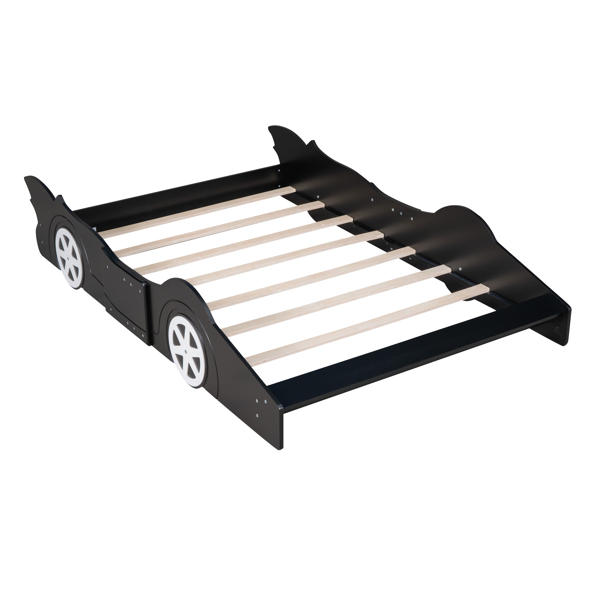 Royard Oaktree Race Car-Shaped Platform Bed with Wheels, Solid Wood Bedframe with Guardrails for Kids Boys Girls, Noise Free, No Box Spring Needed