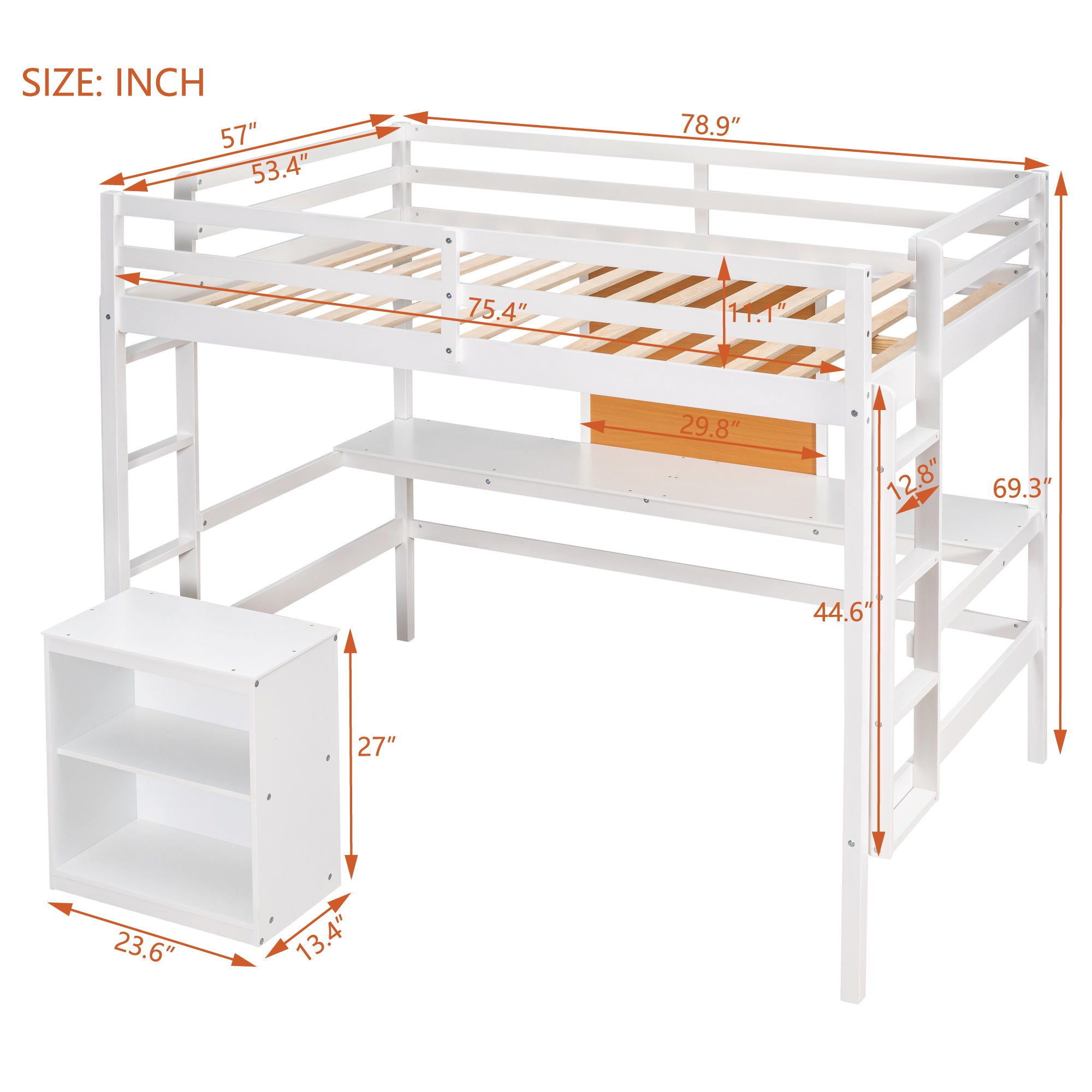 Royard Oaktree Loft Bed with Built-in Desk and Writing Board Wooden Loft Bed Frame with Desk & 2 Shelves Cabinet