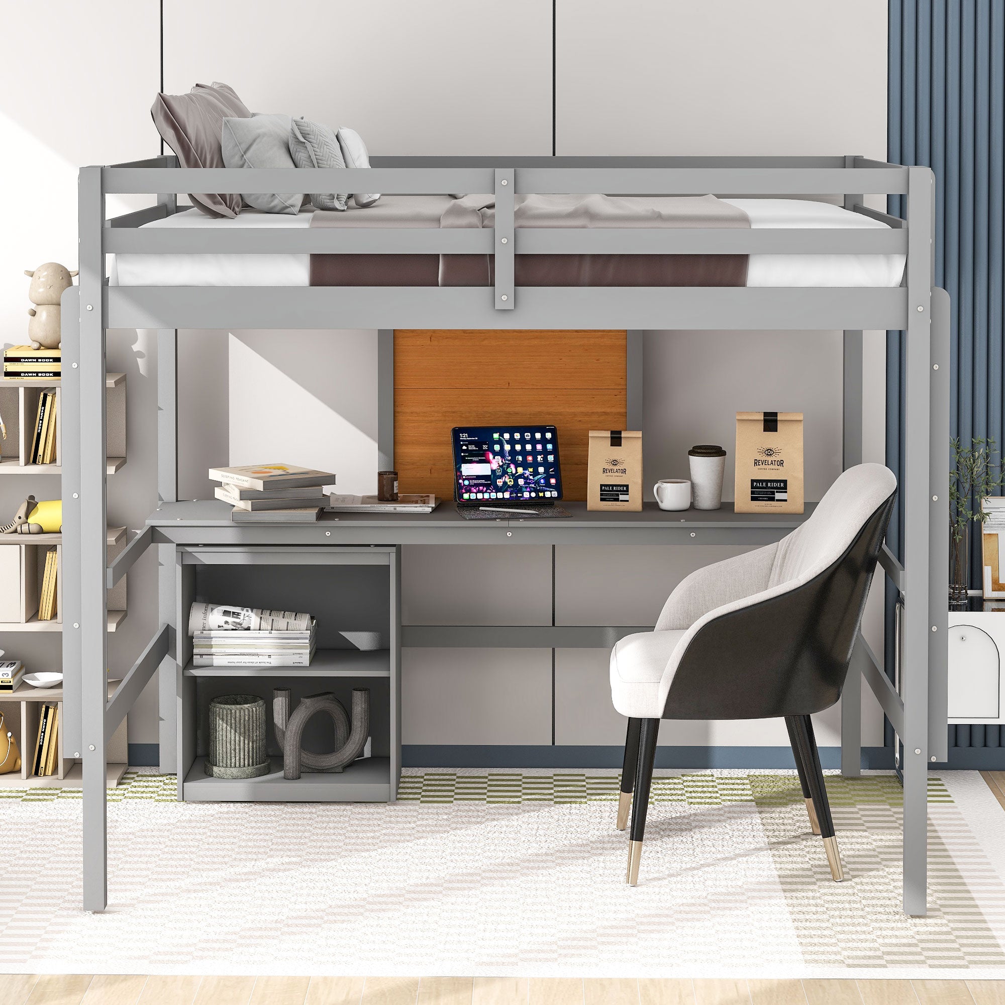 Royard Oaktree Loft Bed with Built-in Desk and Writing Board Wooden Loft Bed Frame with Desk & 2 Shelves Cabinet