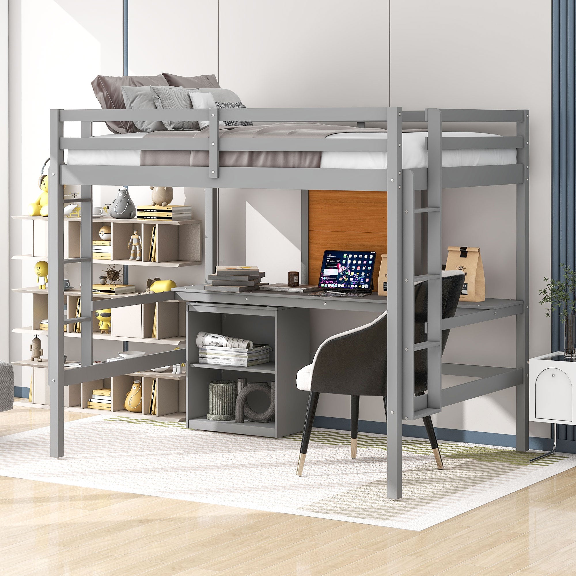 Royard Oaktree Loft Bed with Built-in Desk and Writing Board Wooden Loft Bed Frame with Desk & 2 Shelves Cabinet