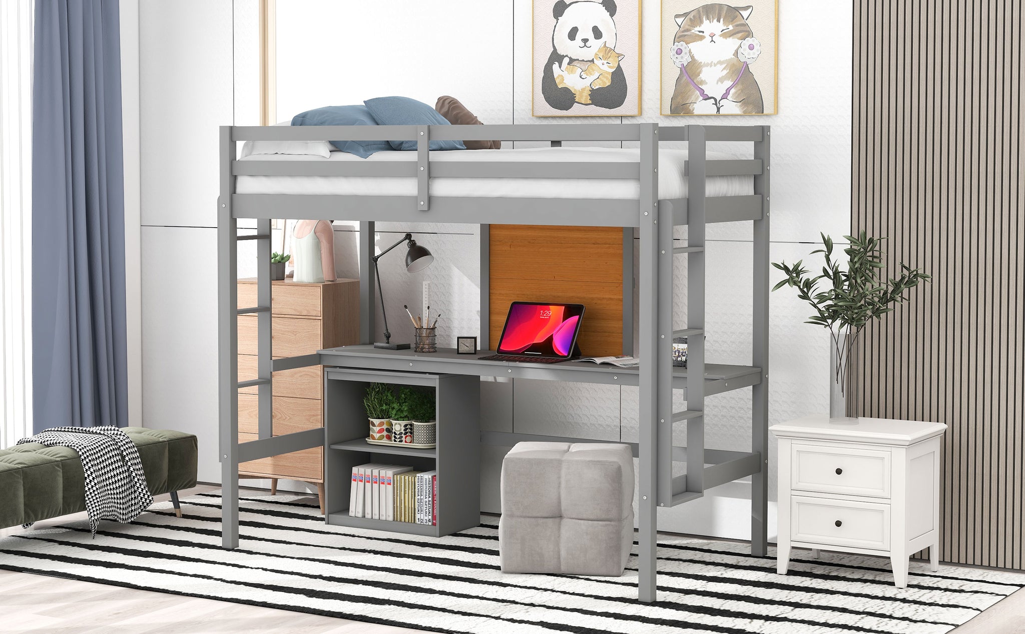 Royard Oaktree Loft Bed with Built-in Desk and Writing Board Wooden Loft Bed Frame with Desk & 2 Shelves Cabinet