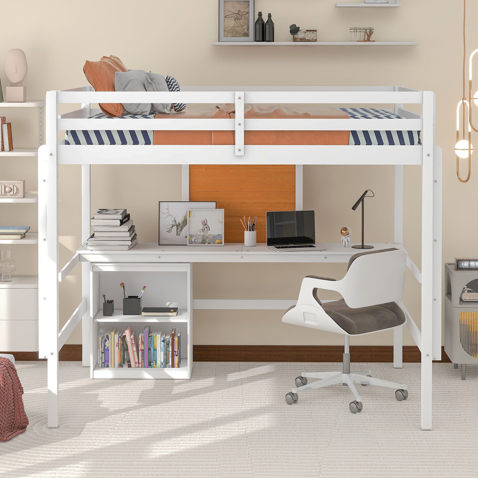 Royard Oaktree Loft Bed with Built-in Desk and Writing Board Wooden Loft Bed Frame with Desk & 2 Shelves Cabinet