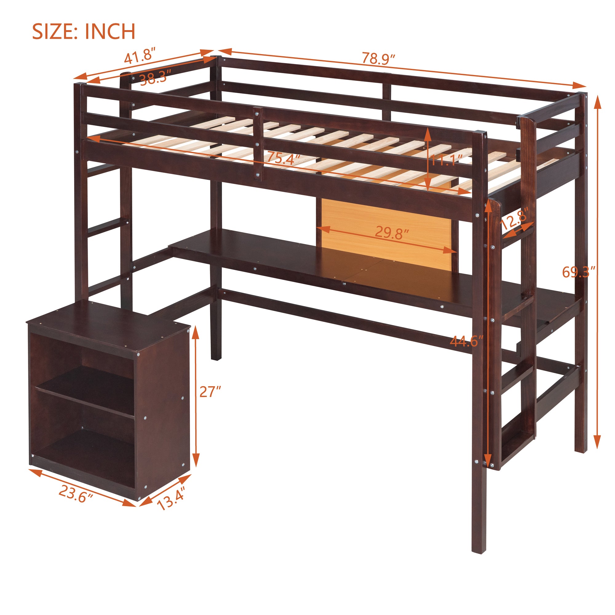 Royard Oaktree Loft Bed with Built-in Desk and Writing Board Wooden Loft Bed Frame with Desk & 2 Shelves Cabinet