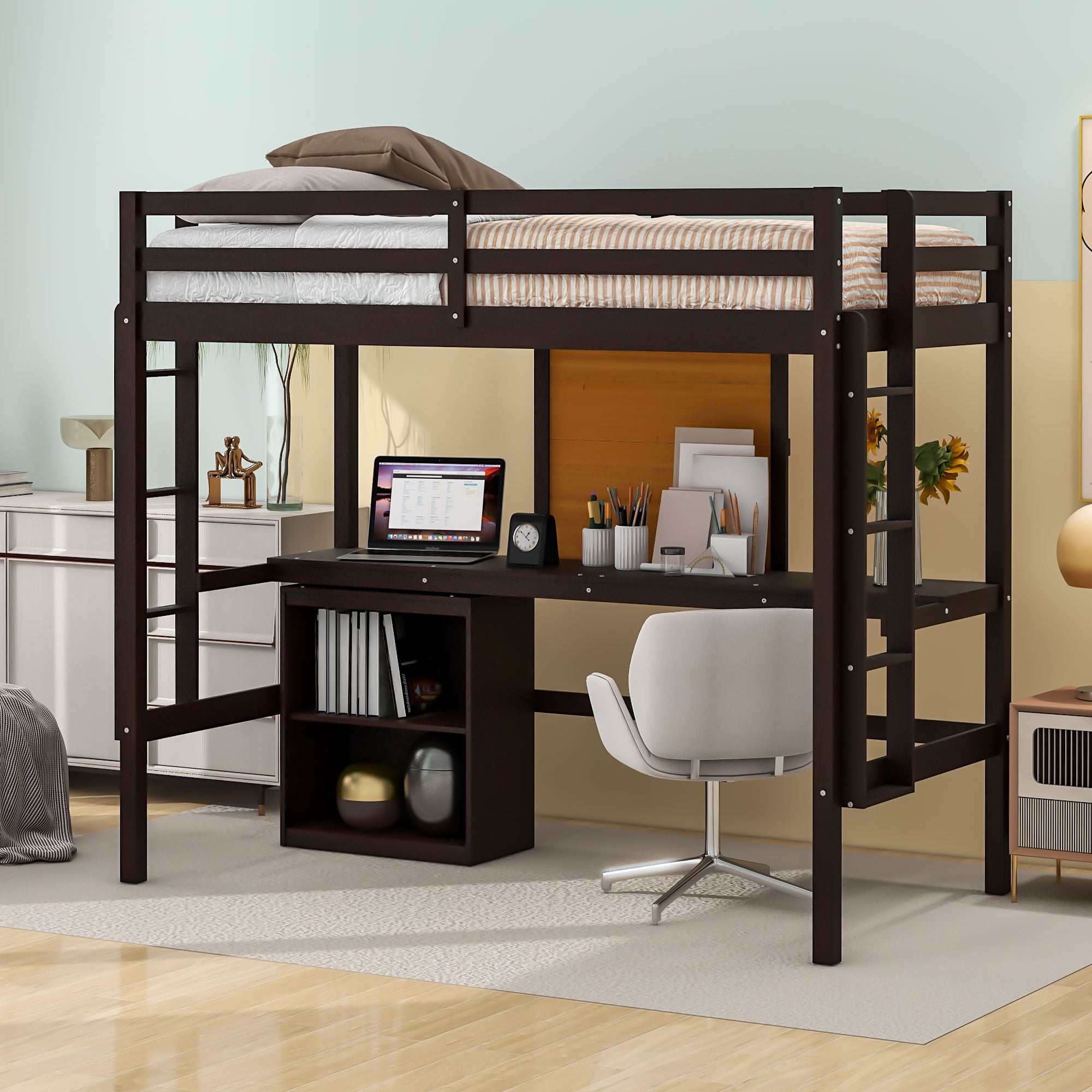 Royard Oaktree Loft Bed with Built-in Desk and Writing Board Wooden Loft Bed Frame with Desk & 2 Shelves Cabinet