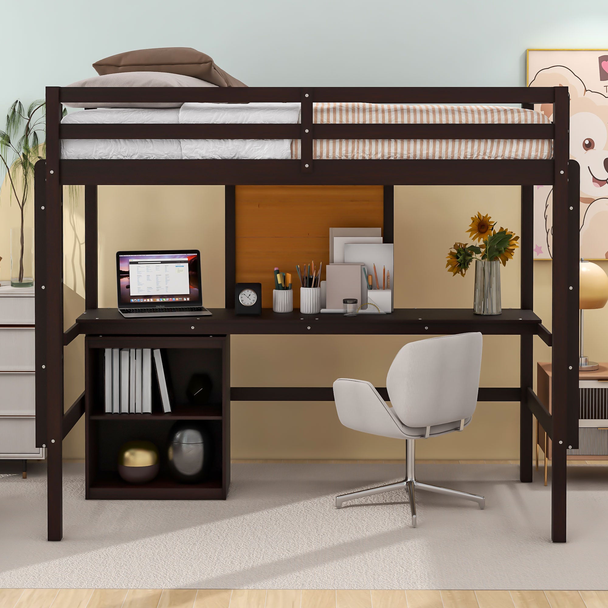 Royard Oaktree Loft Bed with Built-in Desk and Writing Board Wooden Loft Bed Frame with Desk & 2 Shelves Cabinet