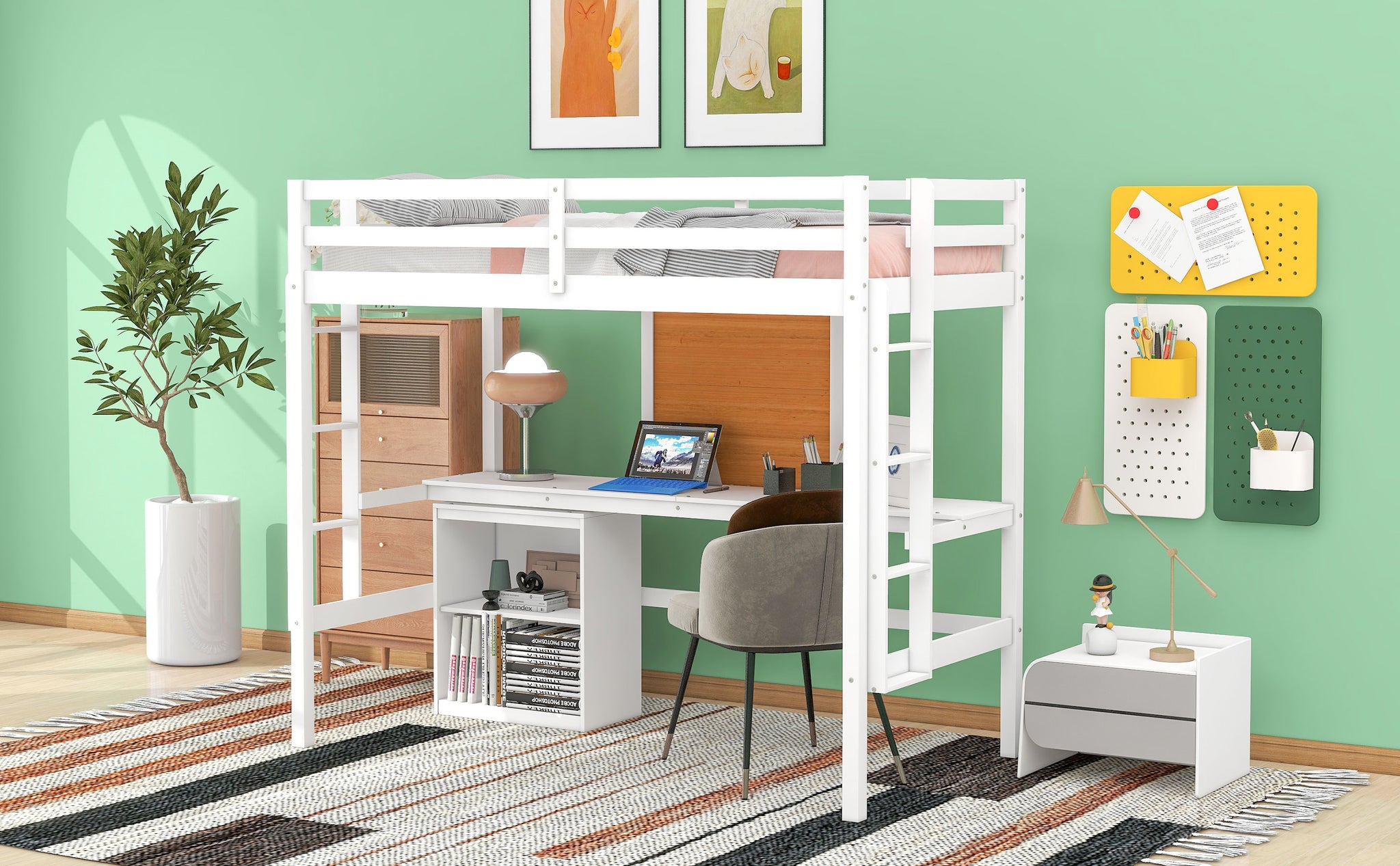 Royard Oaktree Loft Bed with Built-in Desk and Writing Board Wooden Loft Bed Frame with Desk & 2 Shelves Cabinet