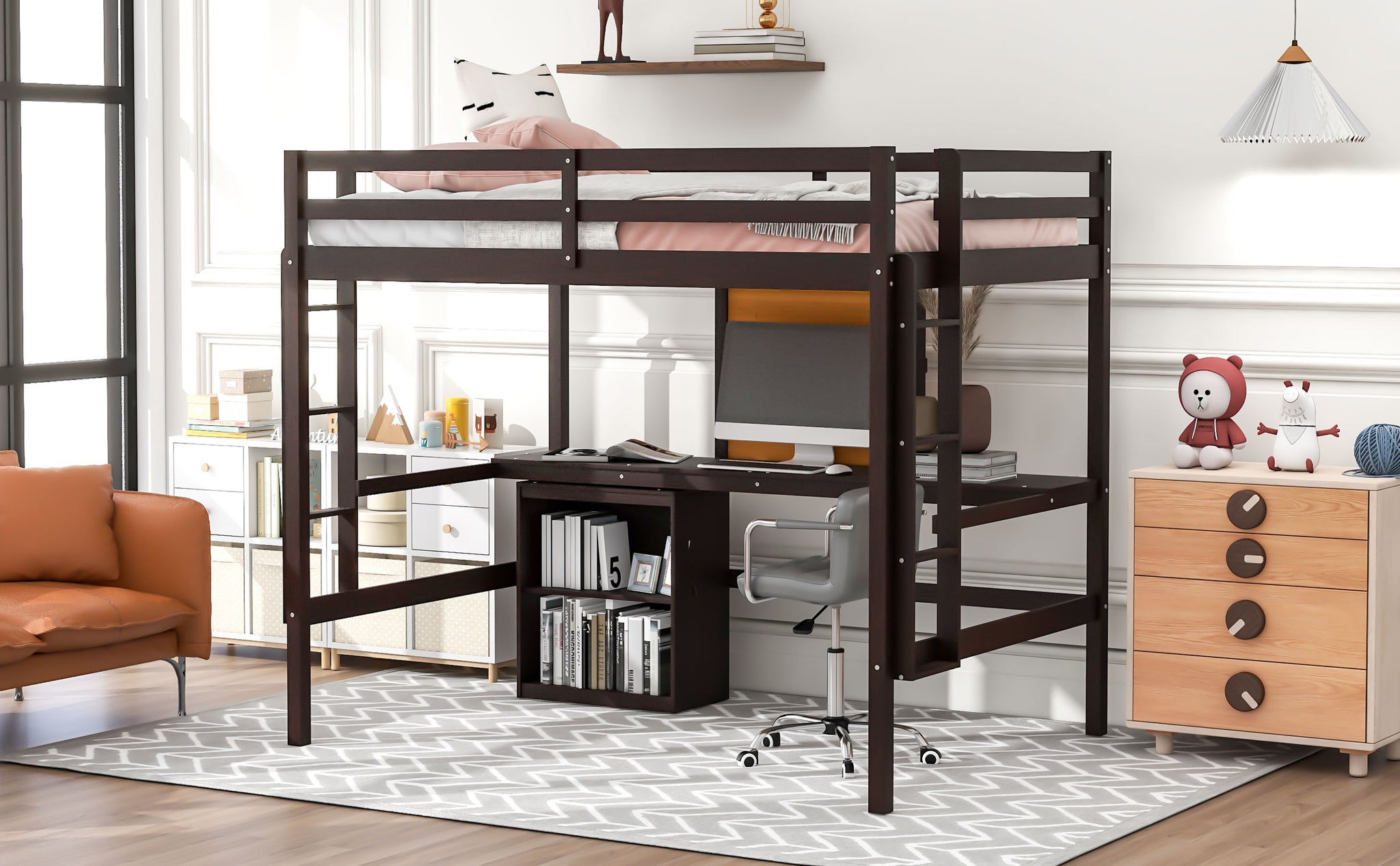 Royard Oaktree Loft Bed with Built-in Desk and Writing Board Wooden Loft Bed Frame with Desk & 2 Shelves Cabinet