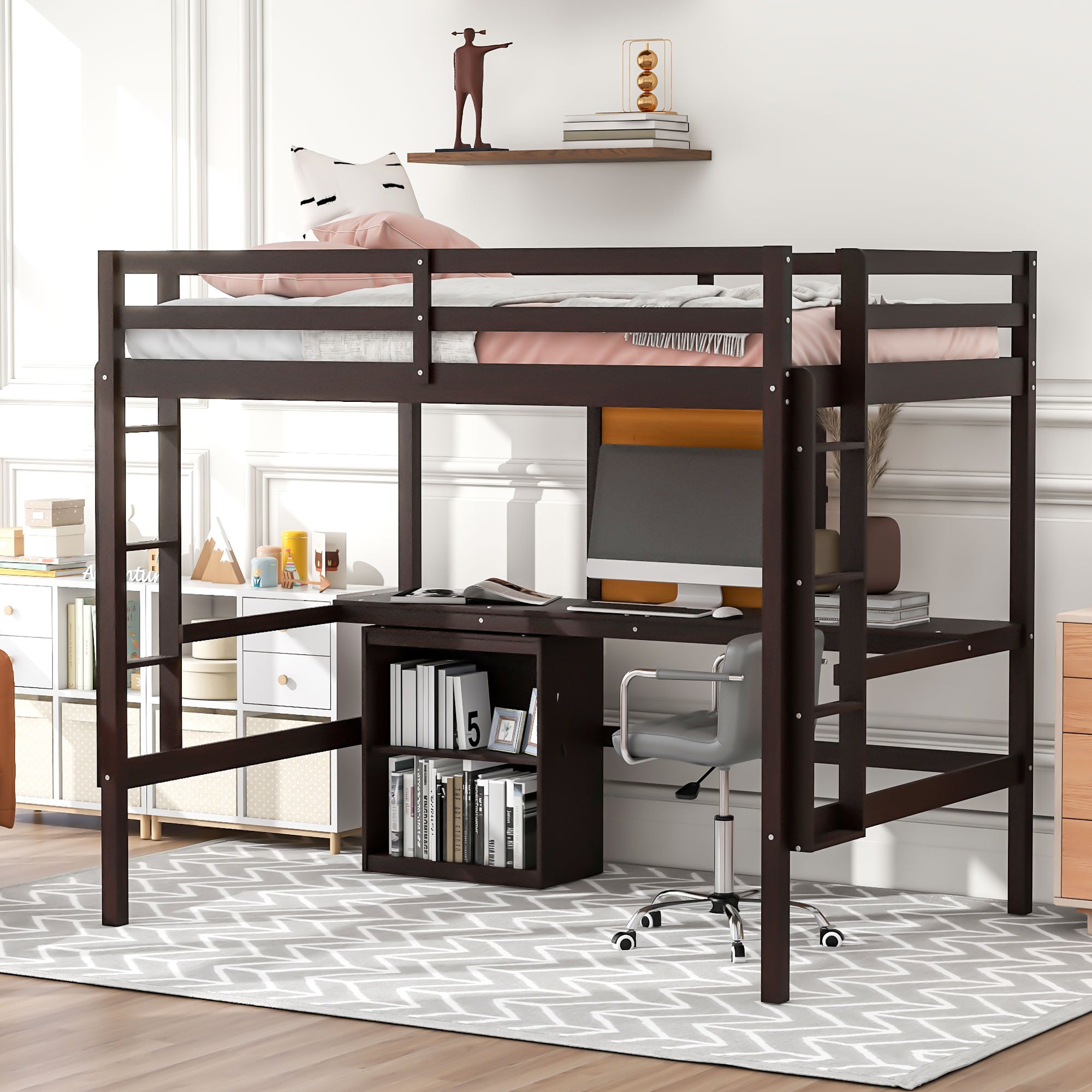 Royard Oaktree Loft Bed with Built-in Desk and Writing Board Wooden Loft Bed Frame with Desk & 2 Shelves Cabinet