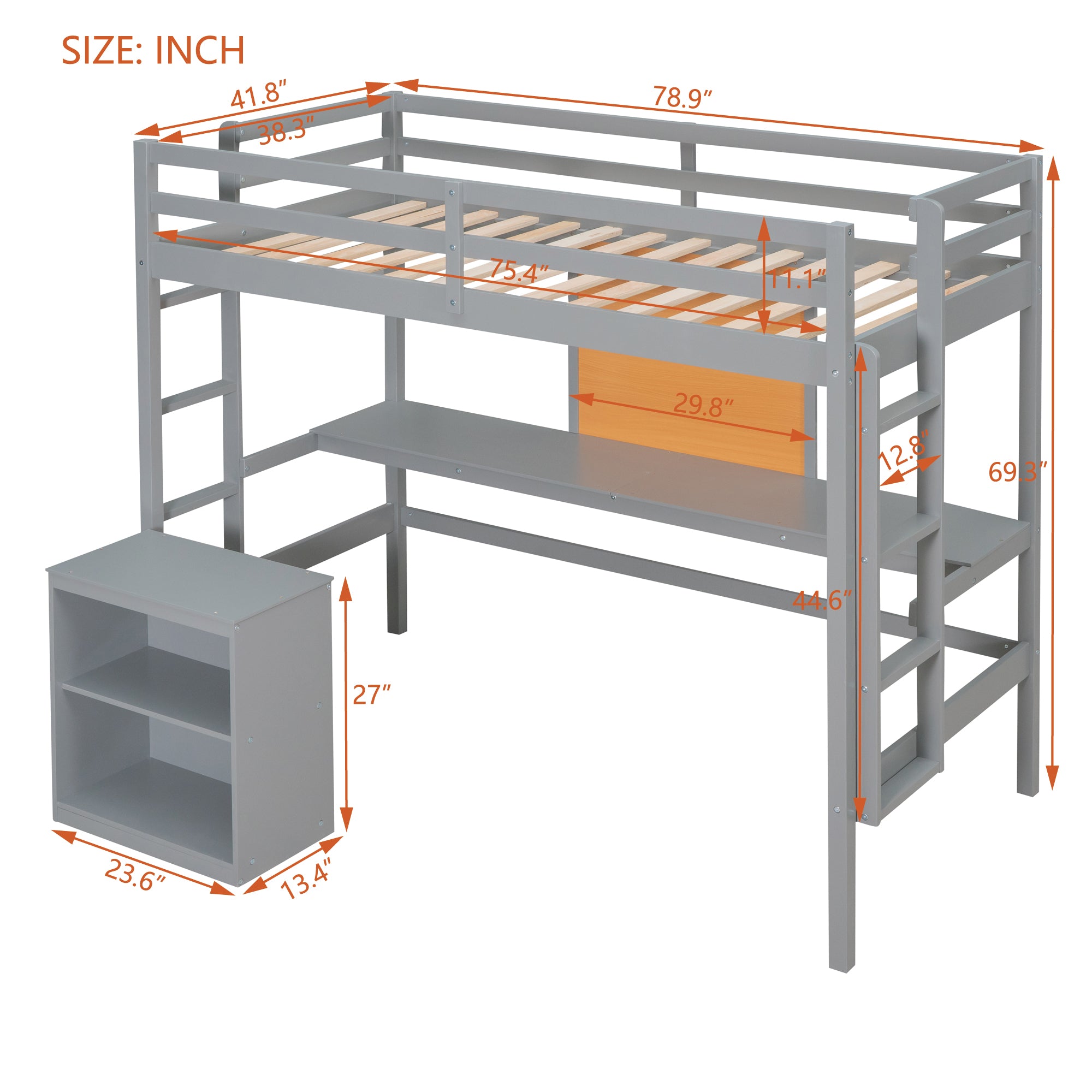 Royard Oaktree Loft Bed with Built-in Desk and Writing Board Wooden Loft Bed Frame with Desk & 2 Shelves Cabinet