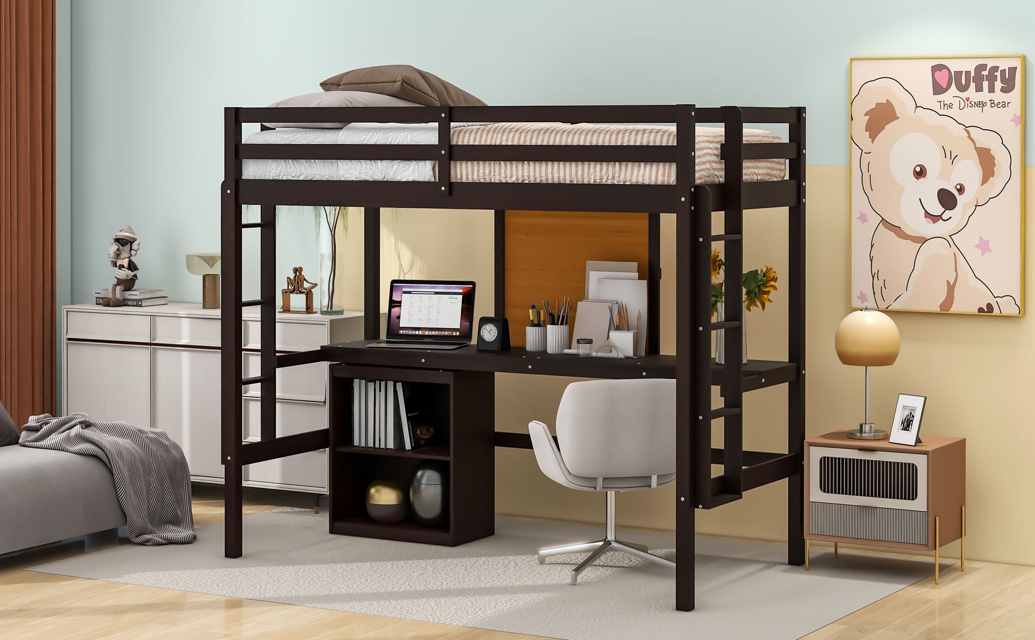 Royard Oaktree Loft Bed with Built-in Desk and Writing Board Wooden Loft Bed Frame with Desk & 2 Shelves Cabinet