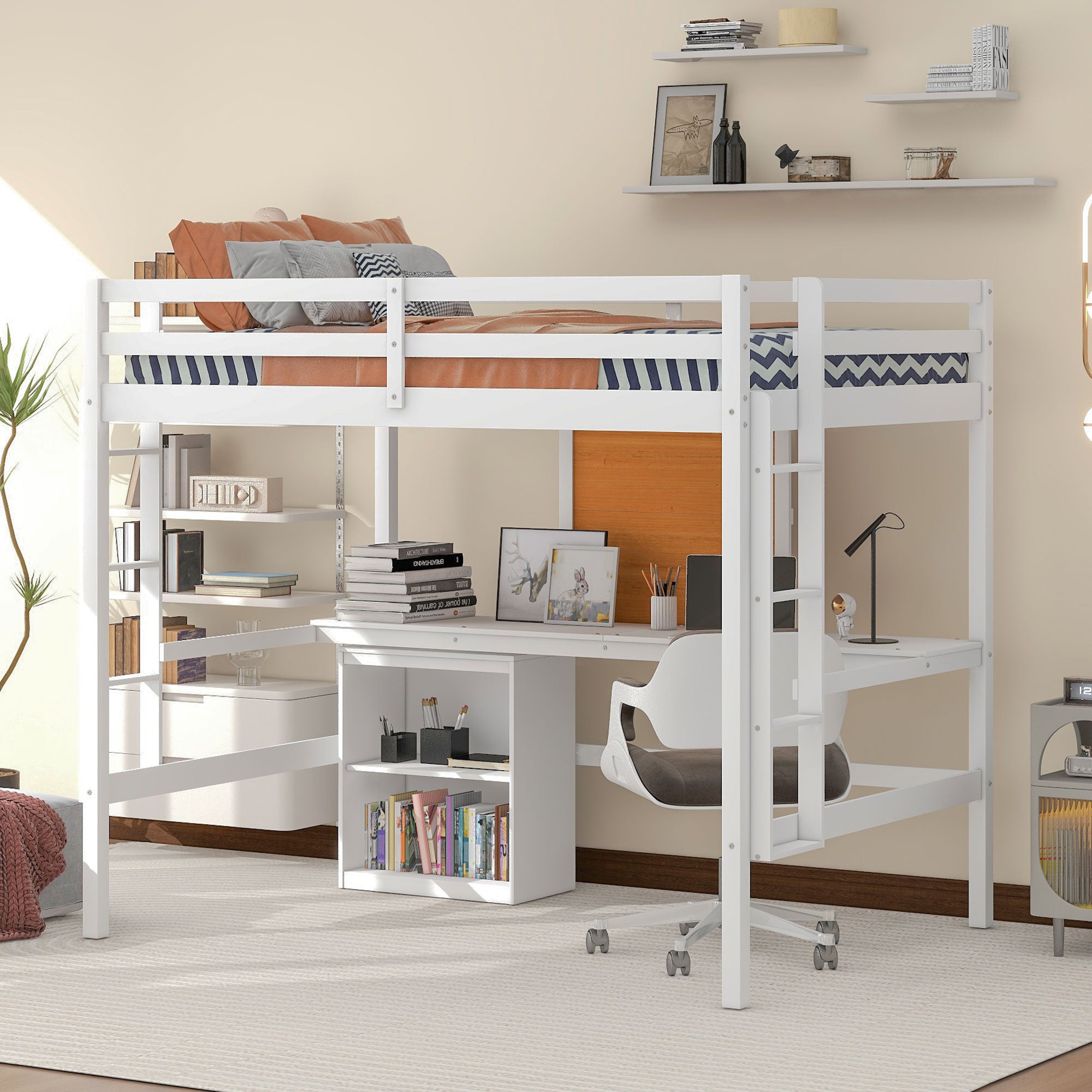 Royard Oaktree Loft Bed with Built-in Desk and Writing Board Wooden Loft Bed Frame with Desk & 2 Shelves Cabinet