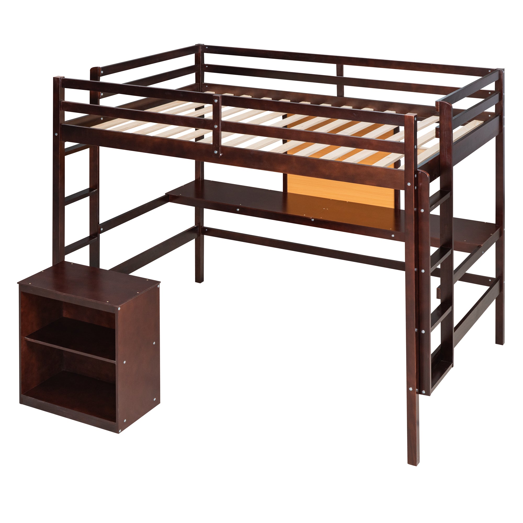 Royard Oaktree Loft Bed with Built-in Desk and Writing Board Wooden Loft Bed Frame with Desk & 2 Shelves Cabinet