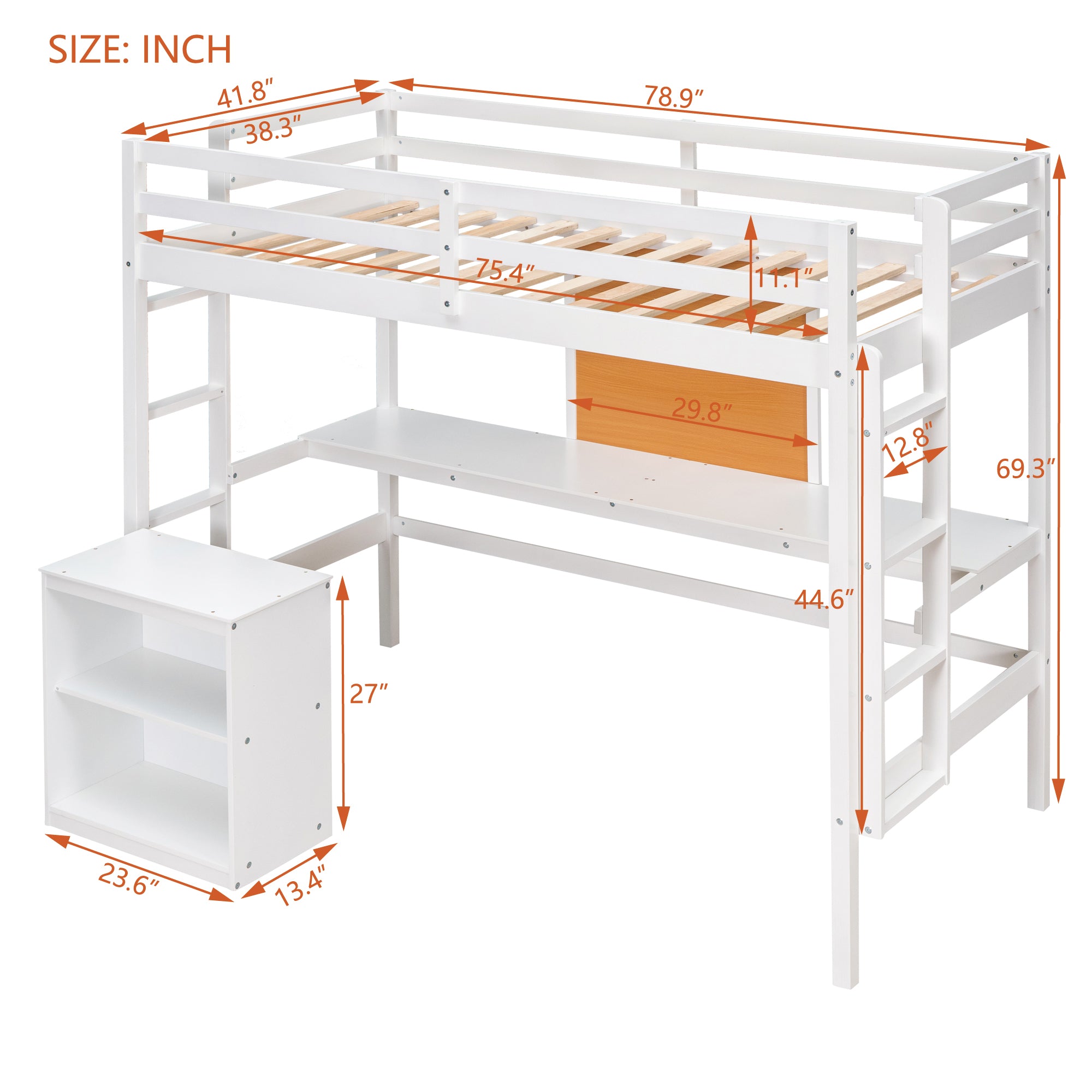 Royard Oaktree Loft Bed with Built-in Desk and Writing Board Wooden Loft Bed Frame with Desk & 2 Shelves Cabinet