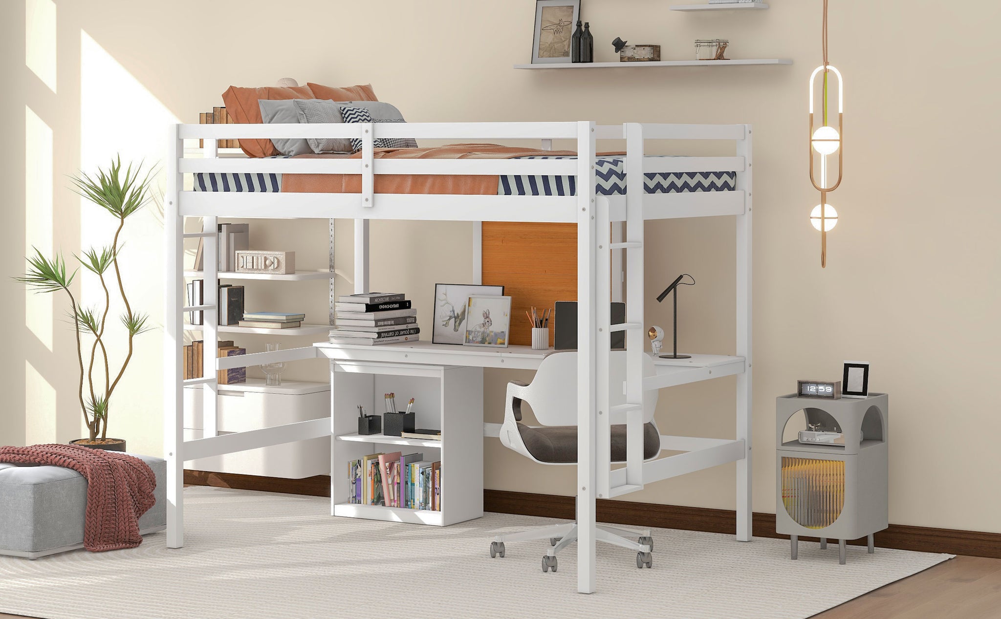 Royard Oaktree Loft Bed with Built-in Desk and Writing Board Wooden Loft Bed Frame with Desk & 2 Shelves Cabinet