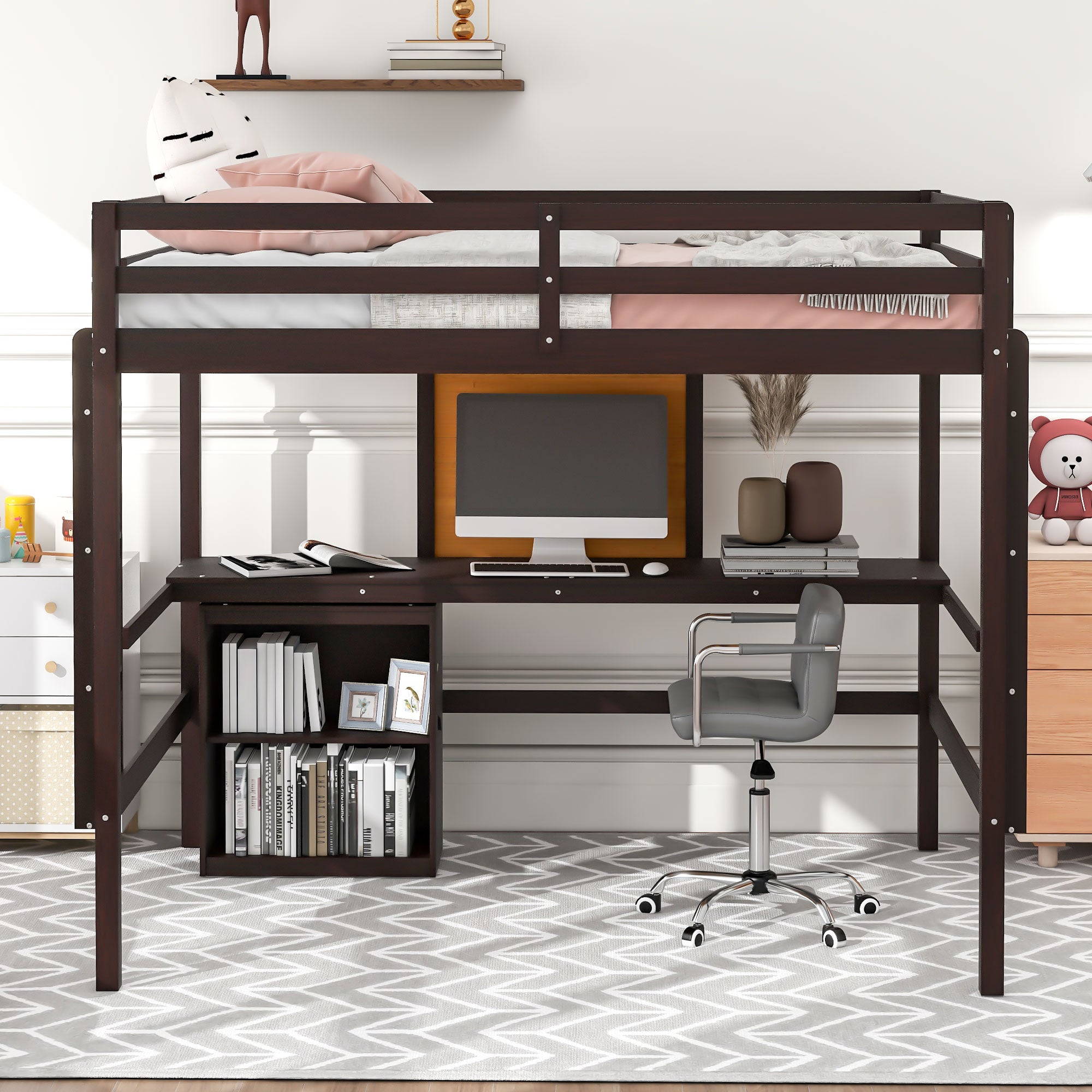 Royard Oaktree Loft Bed with Built-in Desk and Writing Board Wooden Loft Bed Frame with Desk & 2 Shelves Cabinet