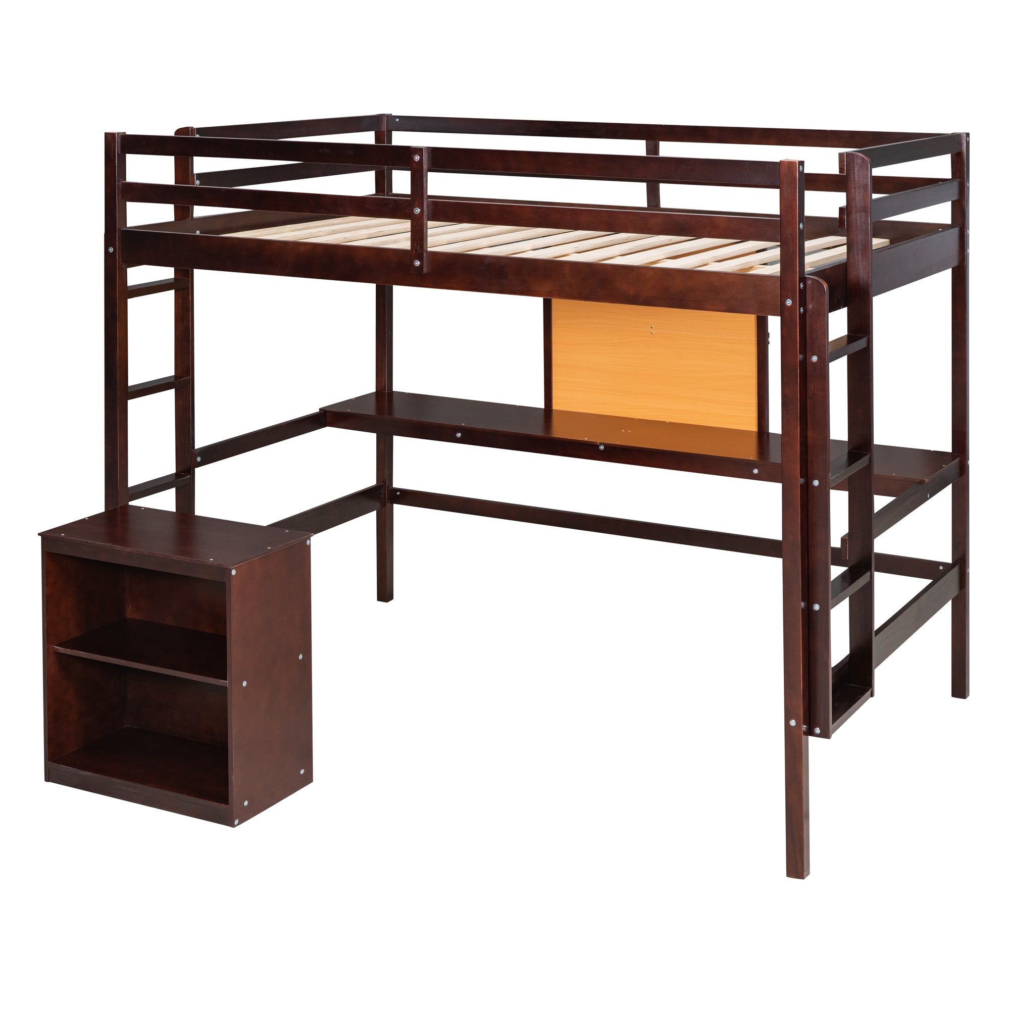 Royard Oaktree Loft Bed with Built-in Desk and Writing Board Wooden Loft Bed Frame with Desk & 2 Shelves Cabinet